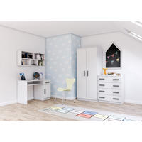 JUGENDZIMMER Elora in Weiß – 4-teiliges Set mit Schreibtisch, Kommode, Wandregal und Schrank – Grifffarbe Grau - Weiß, Holzwerkstoff (80/200/120cm)