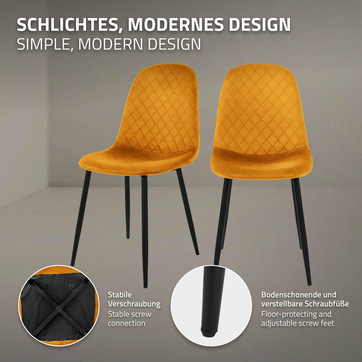 ESSZIMMERSTÜHLE 4er Set Senfgelb Samt - Gelb/Dunkelgelb, Textil/Metall (51/89/44cm) - ML-DESIGN