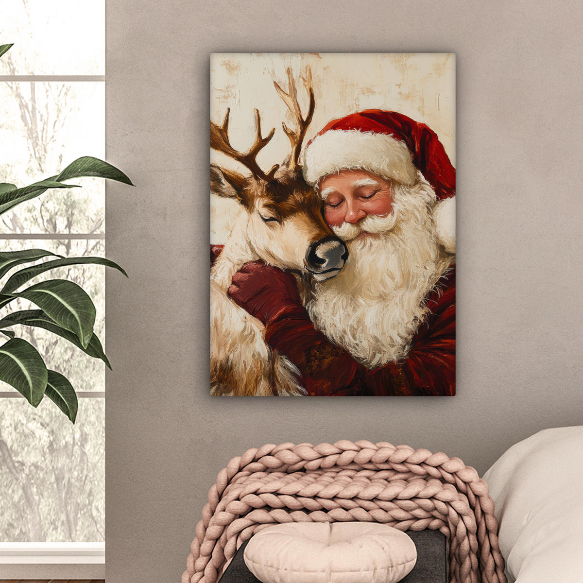 LEINWANDBILD Weihnachtsmann - Rentier - Weihnachten Wandbild Wohnzimmer 60x80 cm - Rotbraun, Textil (60/80cm) - MuchoWow