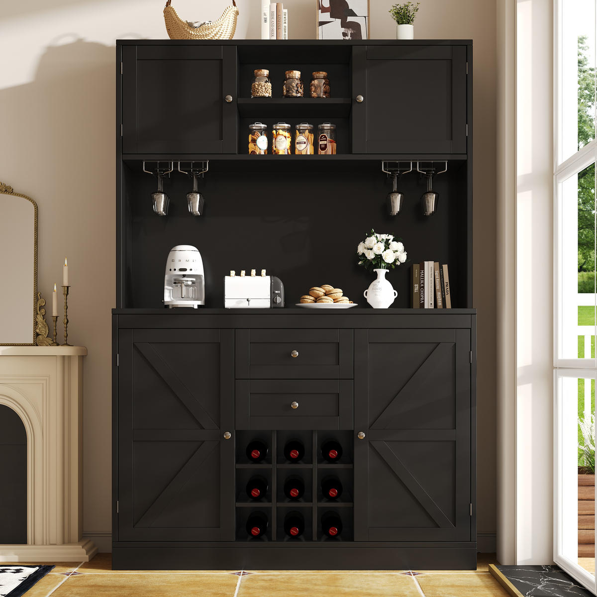 GESCHIRRSCHRANK aus MDF 120x40x188cm in Schwarz mit Weinregal - Schwarz, Holzwerkstoff (120/188/40cm) - Modfu