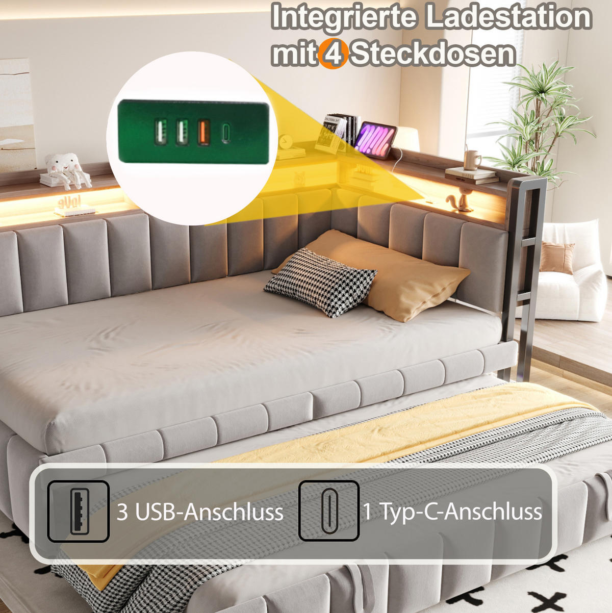 POLSTERBETT Schlafsofa aus Samt 90x200 cm Hellgrau mit Ausziehbett, LED-Beleuchtung, USB- und Typ-C-Anschluss - Hellgrau, Textil (90/200cm) - Modfu