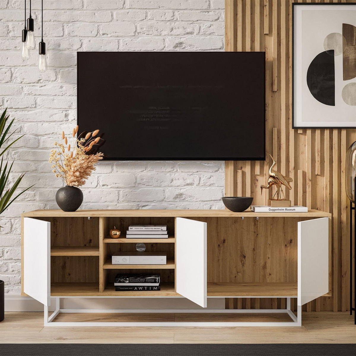 TV-ELEMENT SANAYI II mit Regalen Eiche Artisan/Weiß - Weiß, Holzwerkstoff (156/56/38cm) - Lookway