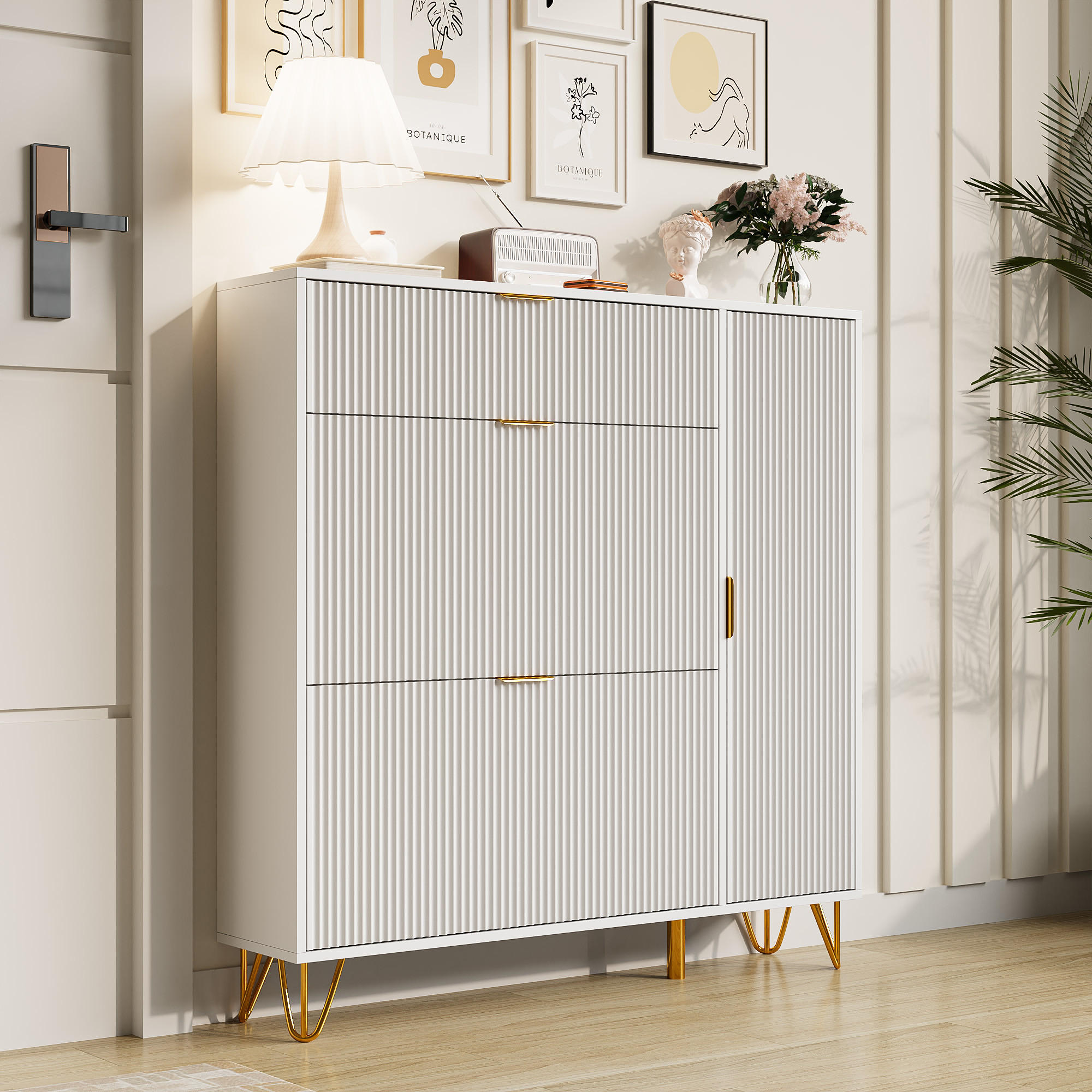 SCHUHSCHRANK mit goldenen Metallbeinen, verstellbaren Regalen, weiß - Weiß, Holz (110/114.5/28.5cm)