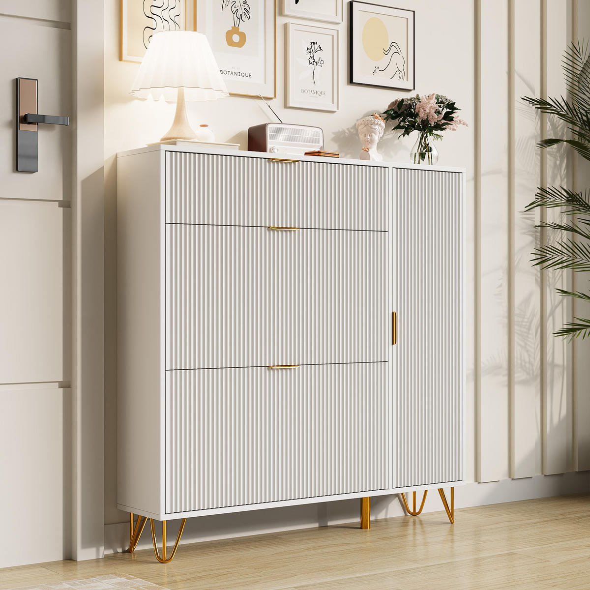 SCHUHSCHRANK mit goldenen Metallbeinen, verstellbaren Regalen, weiß - Weiß, Holz (110/114.5/28.5cm)