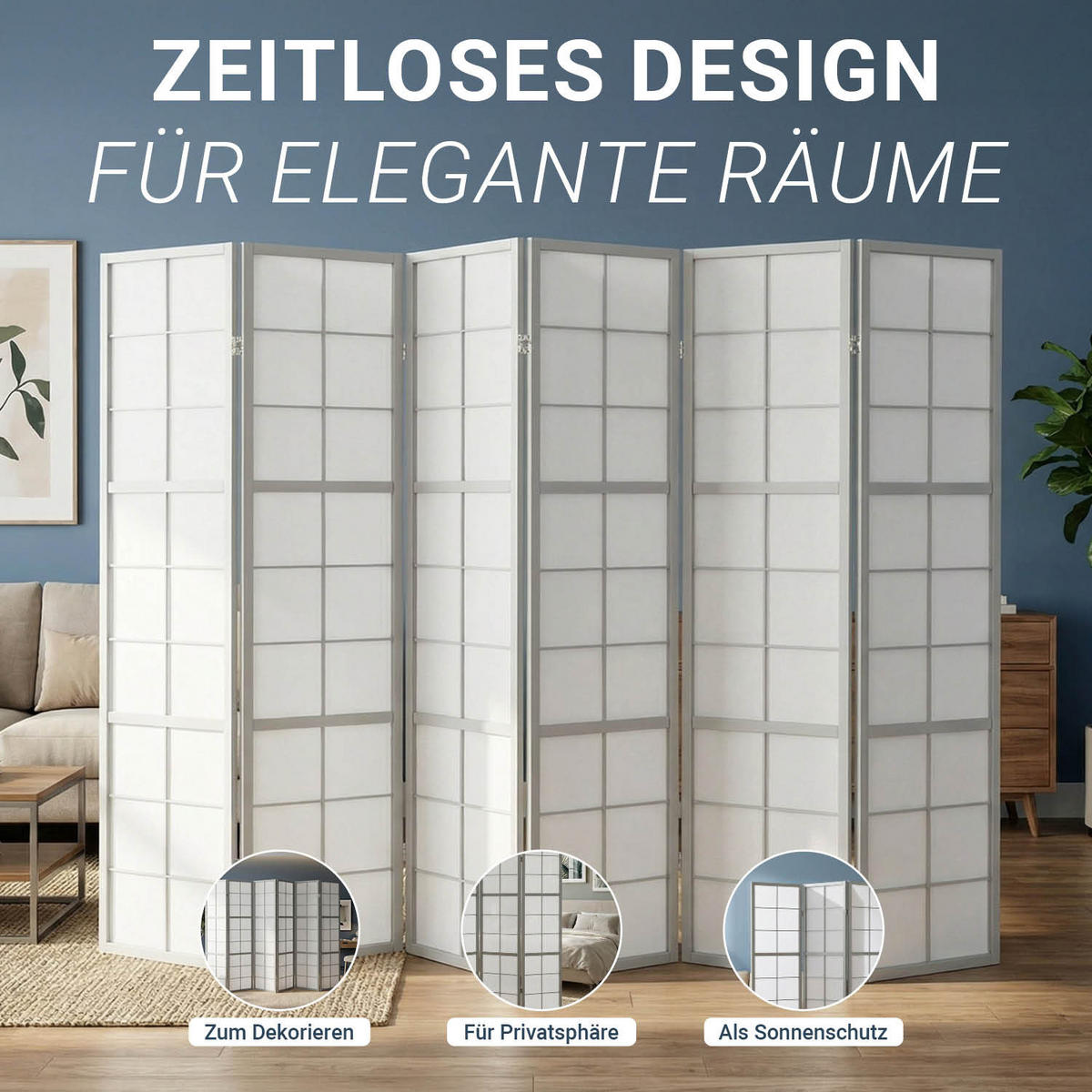 PARAVENT 6-tlg 264/179 cm Grau Holz Shoji - Grau, Holz (264/179/2cm) - Homestyle4u