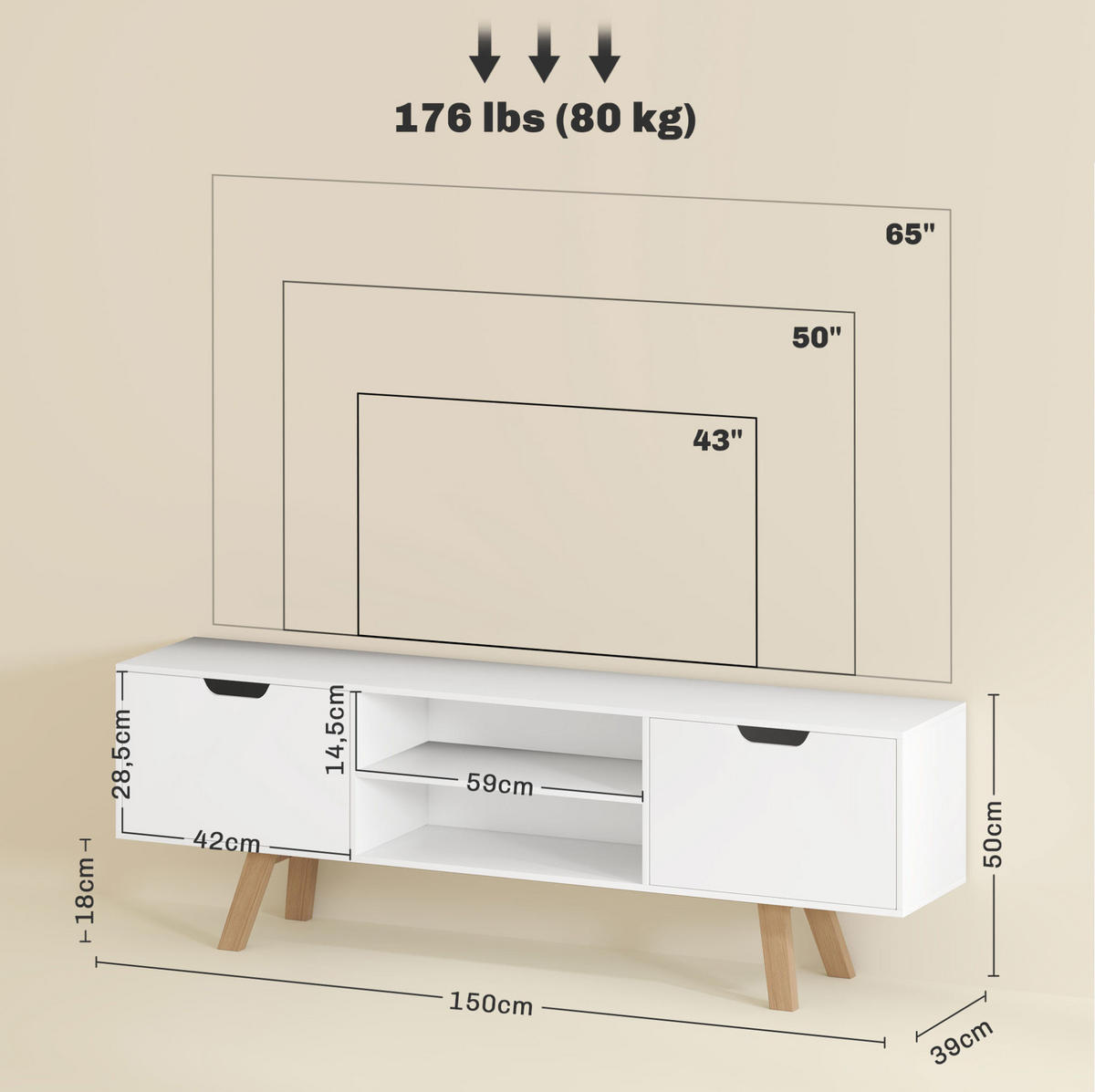 TV-SCHRANK aus Spanplatte 150x39x50 cm Weiß mit Kabelführung, 2 Schränken und offenen Regalfächern - Weiß, Holzwerkstoff (150/50/39cm) - Modfu