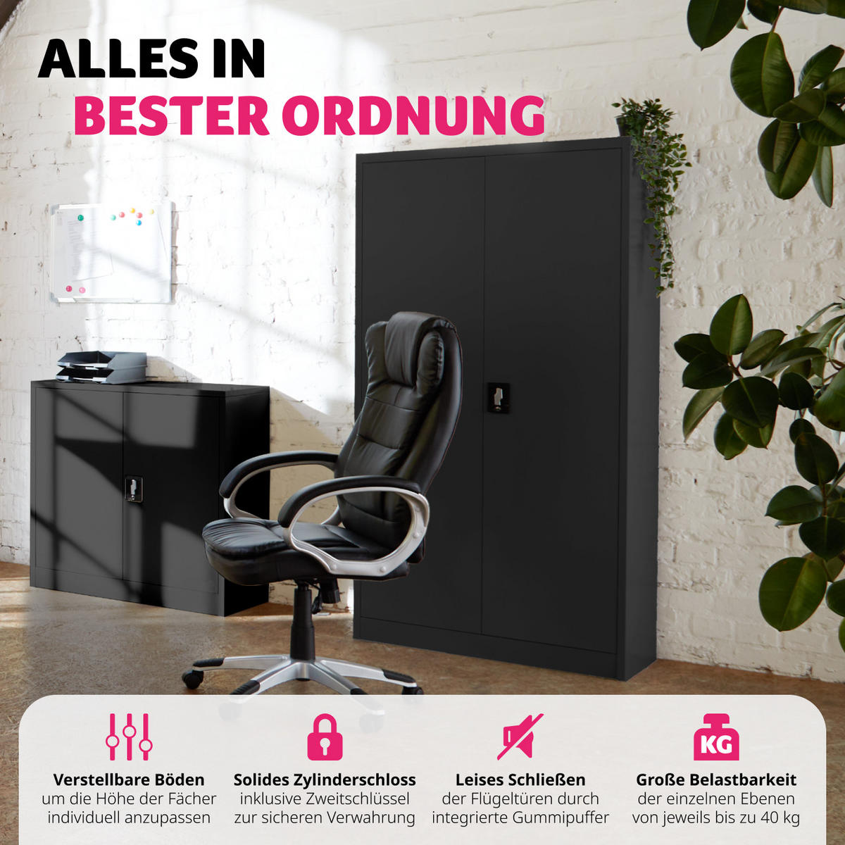 AKTENSCHRANK ,140 x 90 x 40 cm,schwarz - Schwarz, Metall (90/140/40cm) - tectake