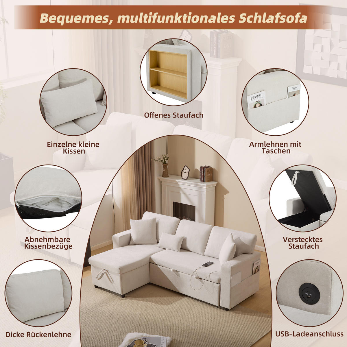 ECKSOFA Eckschlafsofa Stoff mit USB-Anschluss und Stauraum Beige 214/131/87 cm - Beige, Textil (87/131cm) - Redom