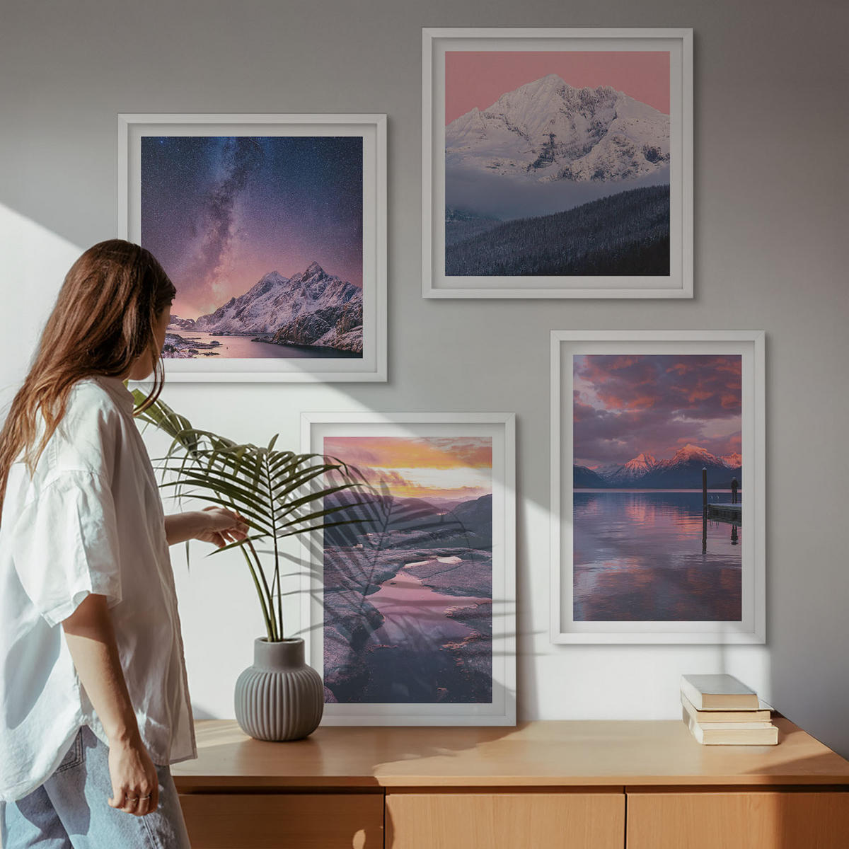 BILDER SET 4er Set - 50x50 cm & 40x60 cm Weißer Rahmen - Berge, Wasser, wunderschöne Landschaften - Weiß, Kunststoff (50/50cm) - TULUP