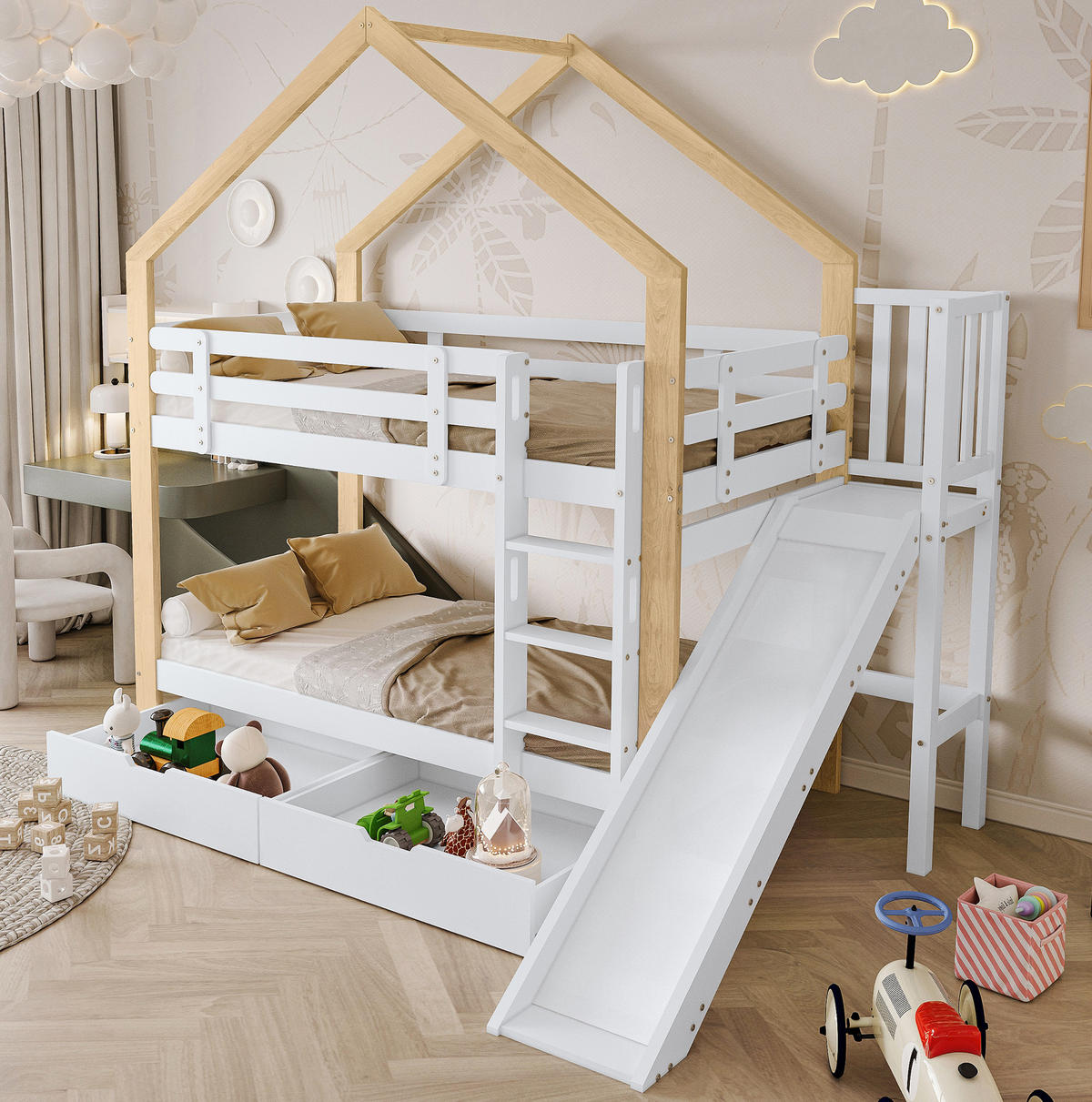 PATROVÁ postel 90/200 cm bílá a přírodní z masivu a MDF se skluzavkou a úložnými zásuvkami - bílá, dřevo (90/200cm) - OKWISH