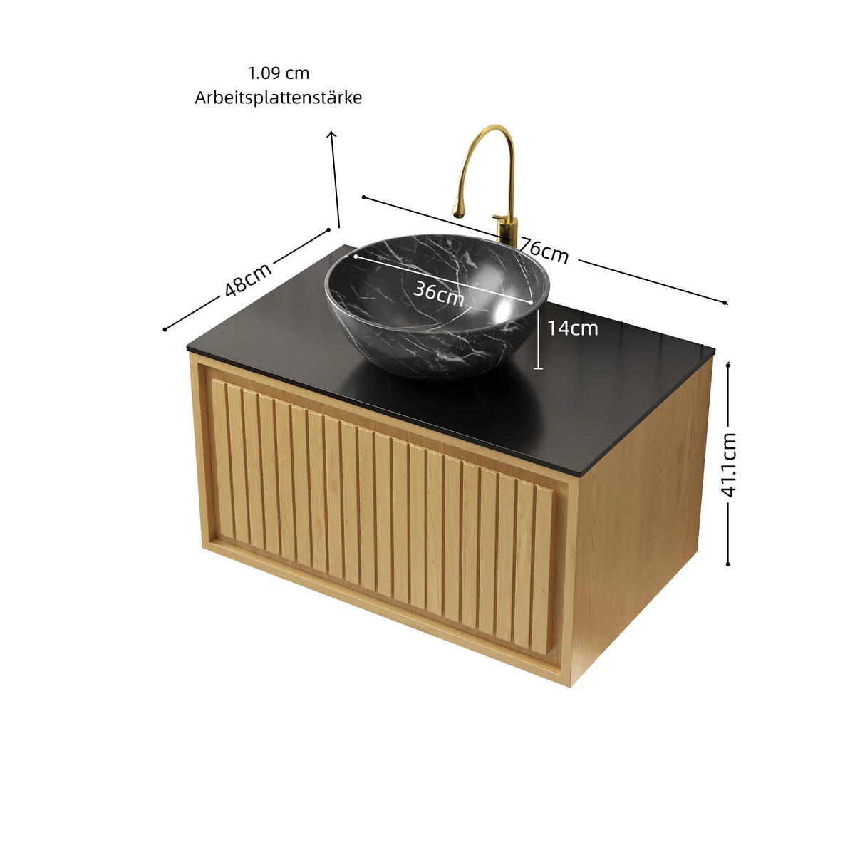 WASCHTISCHKOMBI 76x48x55.1cm Schwarz/Gold mit Sinterstein-Arbeitsplatte & Aufsatzbecken - Goldfarben, Keramik (76/55.1/48cm) - Modfu