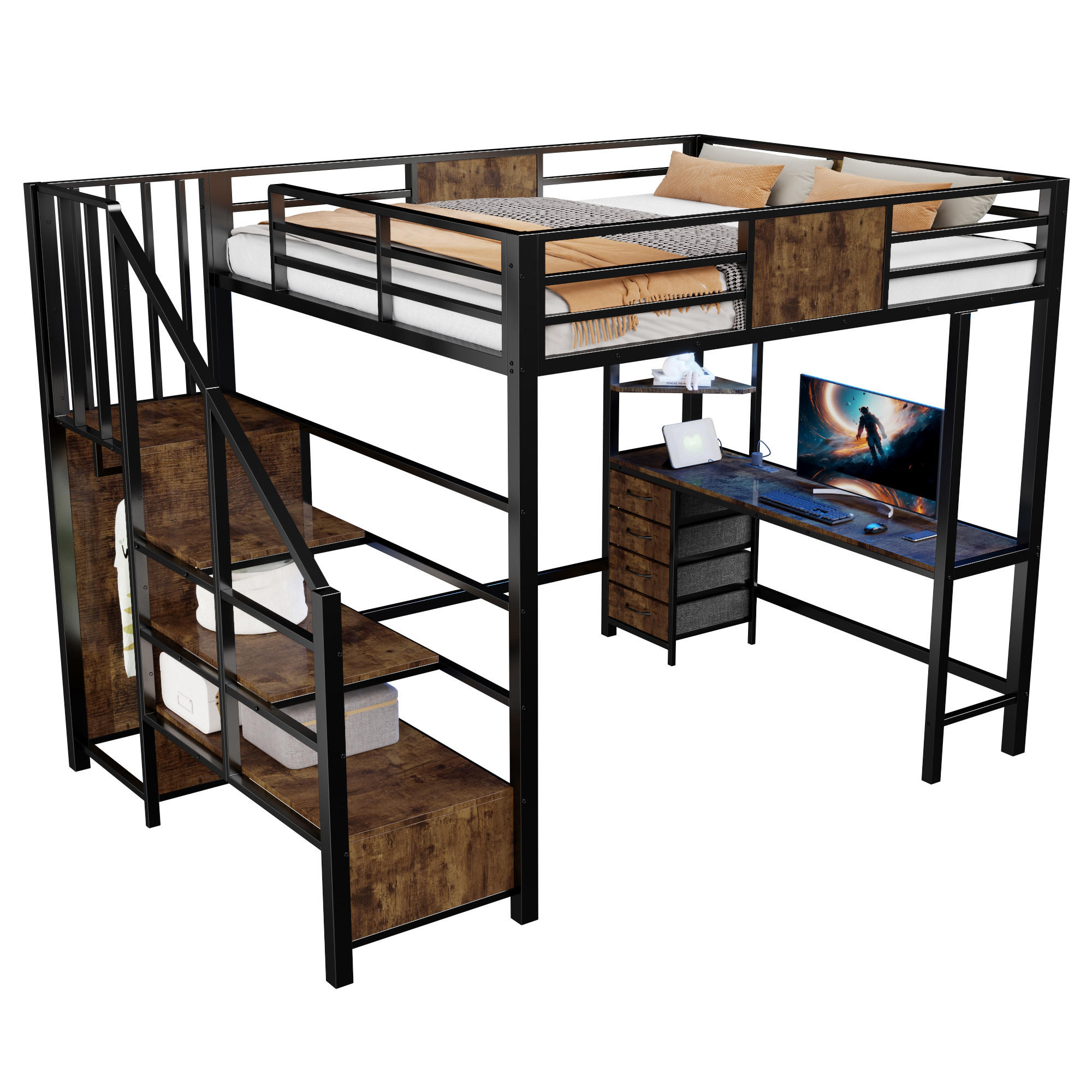 HOCHBETT 140/200 cm in Schwarz mit Schreibtisch, Ablagefächern, Kleiderstange, LED und Steckdose - Schwarz, Holzwerkstoff/Metall (140/200cm) - WISHDOR