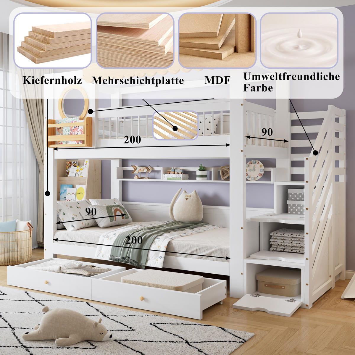 ETAGENBETT 90/200 cm in Weiß & Natur mit 2 Schubladen, Regal und Treppenschrank aus Kiefer & MDF - Weiß/Naturfarben, Holzwerkstoff (90/200cm) - STILVORA