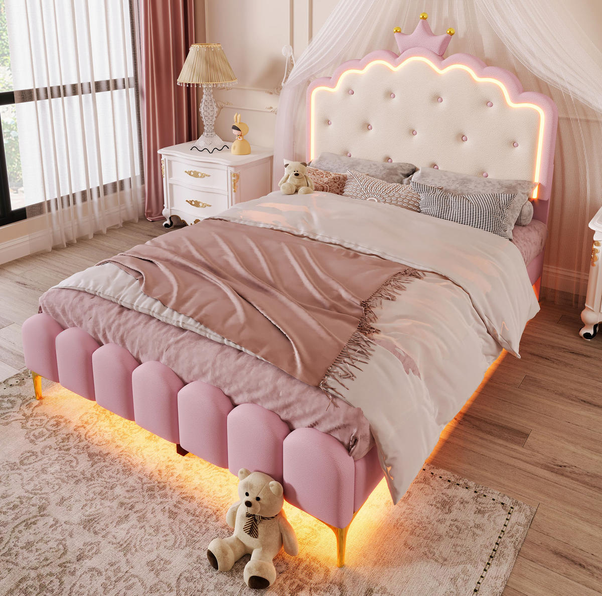 POLSTERBETT mit LED-Beleuchtung und Lattenrost 140x200 cm PU Rosa - Pink, Holzwerkstoff (140/200cm) - Beauniv