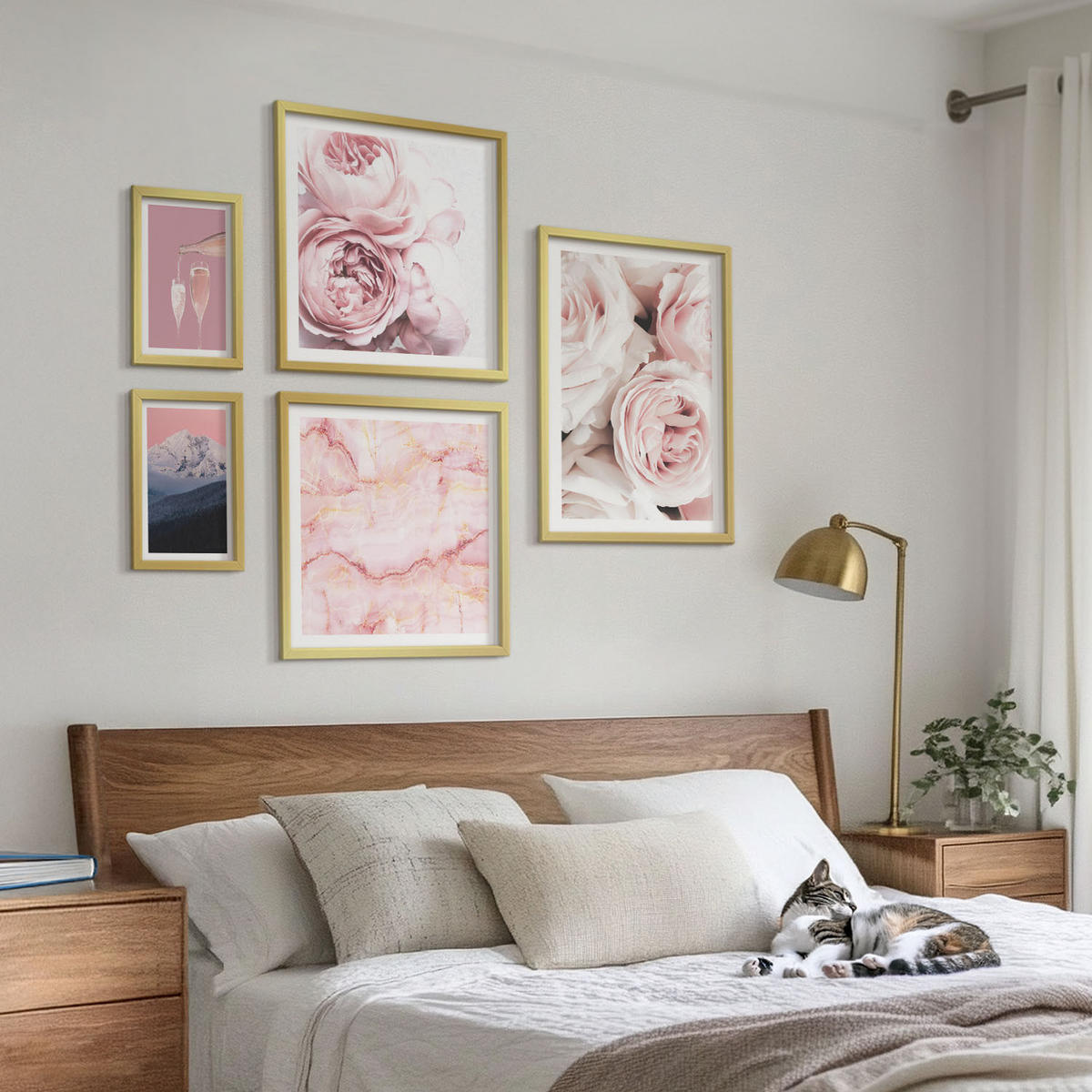 WANDBILDER 5er Set - 50x50 cm & 20x30 cm & 40x60 cm Goldrahmen - Eiffels Porträt einer Frau mit Rosen - Goldfarben, Kunststoff (40/60cm) - ArtPrintCave