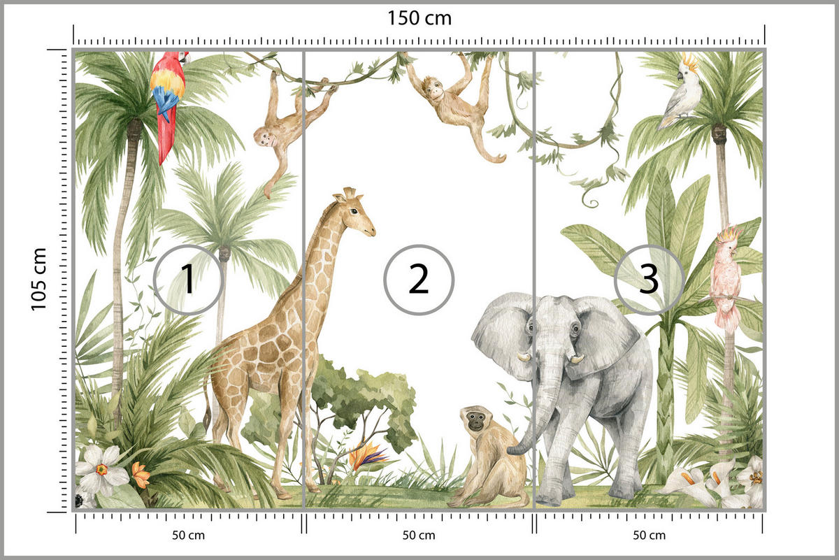 FOTOTAPETE für Kinderzimmer Dschungel Tiere Giraffe Elefant Palmen 150x105 - Beige/Rot, Papier (150/105cm) - Muralo