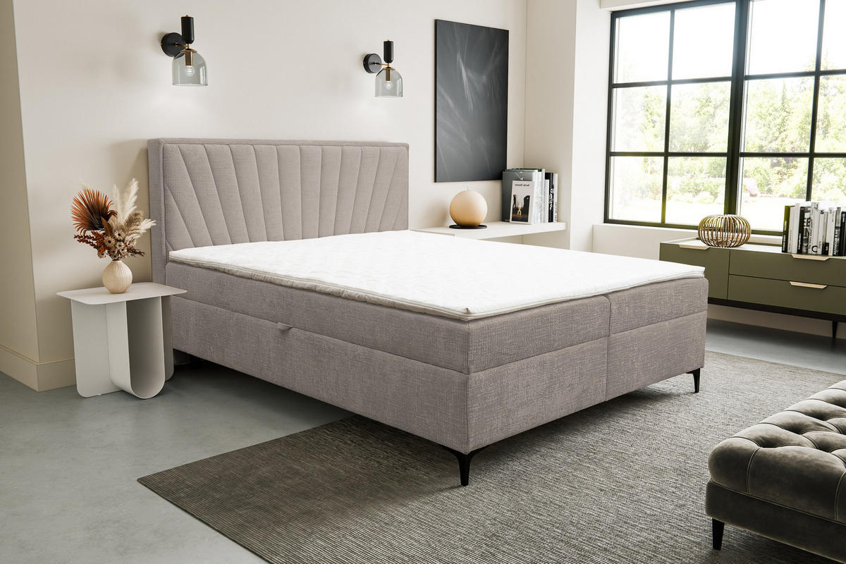 BOXBETT Cimone mit 2 Bettkästen, Maße: 140x200 cm, Farbe: Hellbraun, Velourstoff, mit Bonell-Matratze inkl. Topper - Hellbraun, Holz/Kunststoff (140/200cm) - VENASI MÖBEL