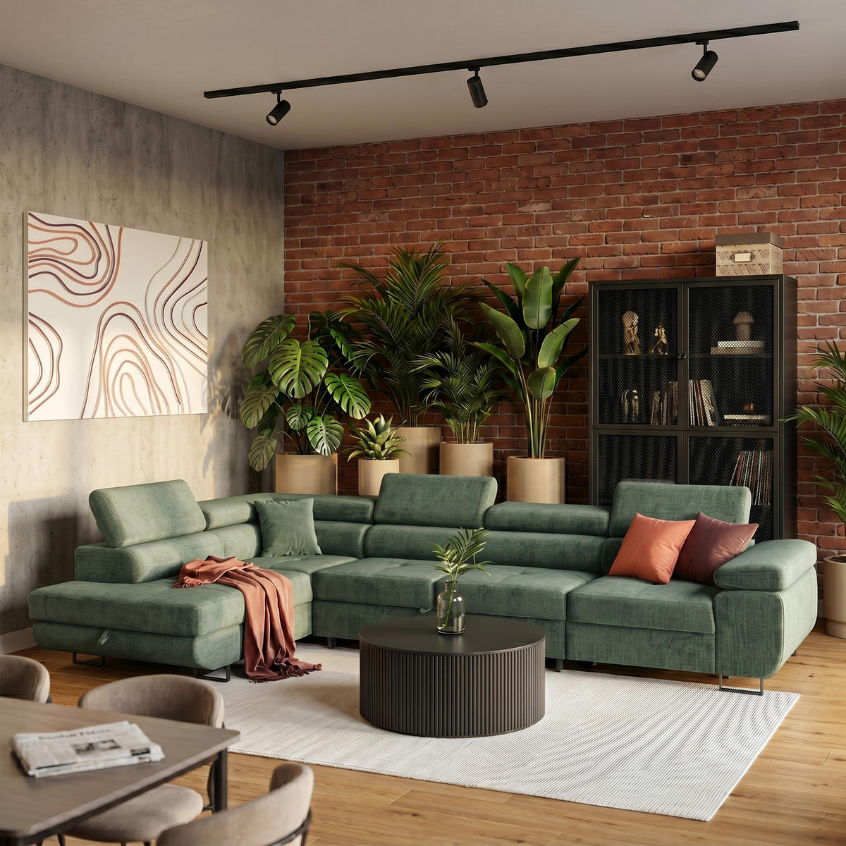 ECKSOFA WILD MAXI L Links mit Schlaffunktion 125x195 Velours Dunkelgrün - Chromfarben/Dunkelgrün, Holz/Textil (203/350cm) - Muffo