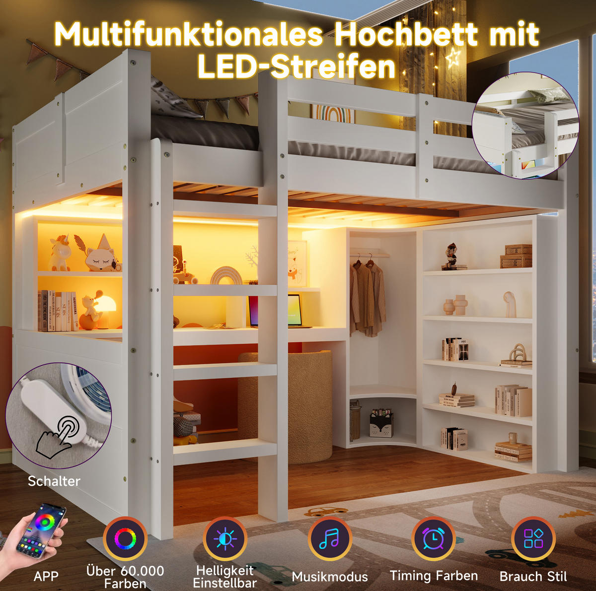 HOCHBETT aus Kiefer 140x200 cm Weiß mit LED-Beleuchtung, Schreibtisch, Kleiderschrank und Stauraum - Weiß, Holzwerkstoff (140/200cm) - Modfu