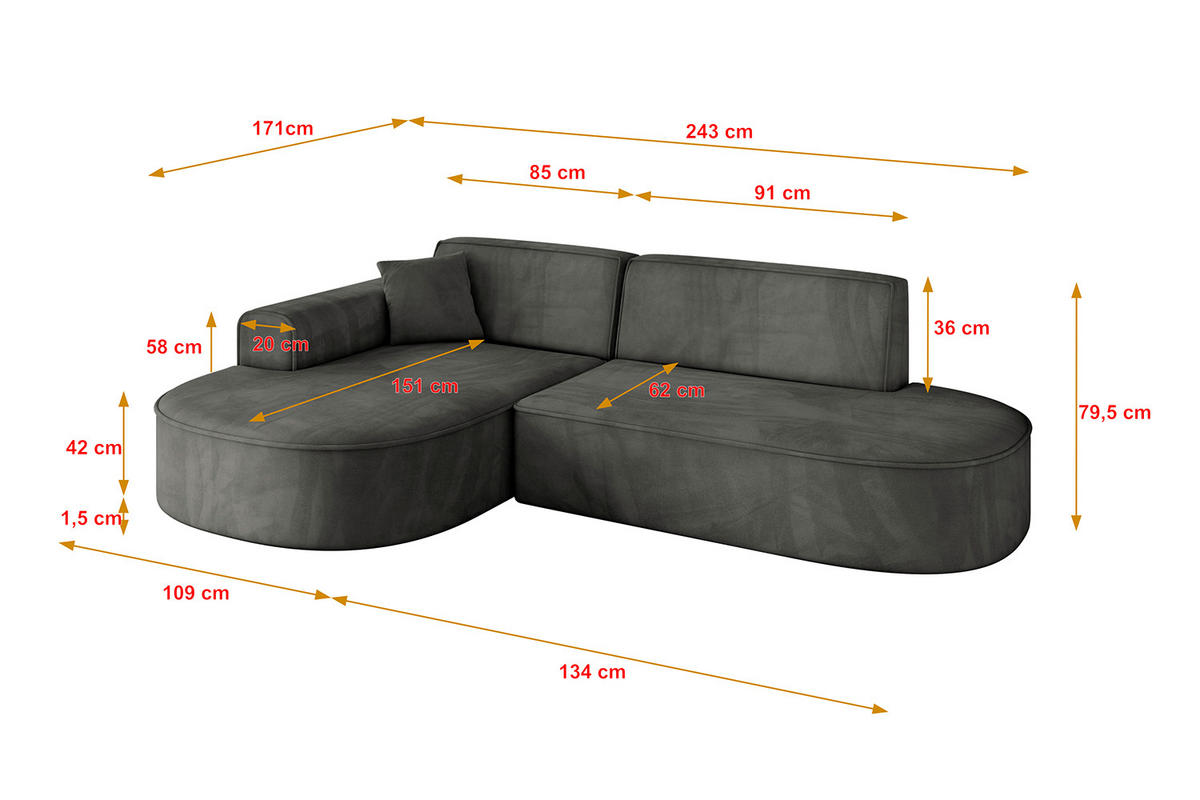 ECKSOFA Ottomane Links MARI-L1 - 243x171x79 cm Dunkelgrau Velours - Dunkelgrau/Schwarz, Holzwerkstoff/Kunststoff (243/171cm) - ALTDECOR