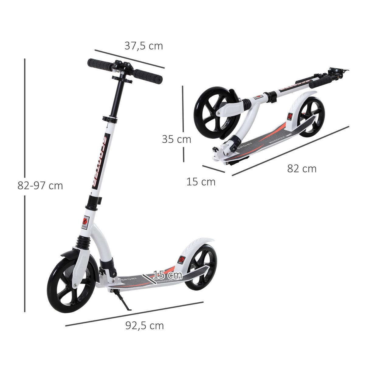 KINDERSCOOTER, Aluminium, Weiß, L92,5 x B37,5 x H82-97 cm - Weiß, Metall (92.5/37.5/97cm) - HOMCOM