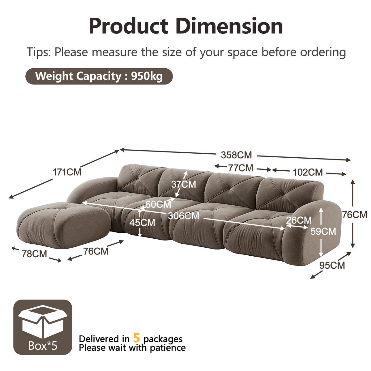 4-SITZER ECKSOFA Stoff Taupe - Braun, Textil (358/171cm) - WISHDOR