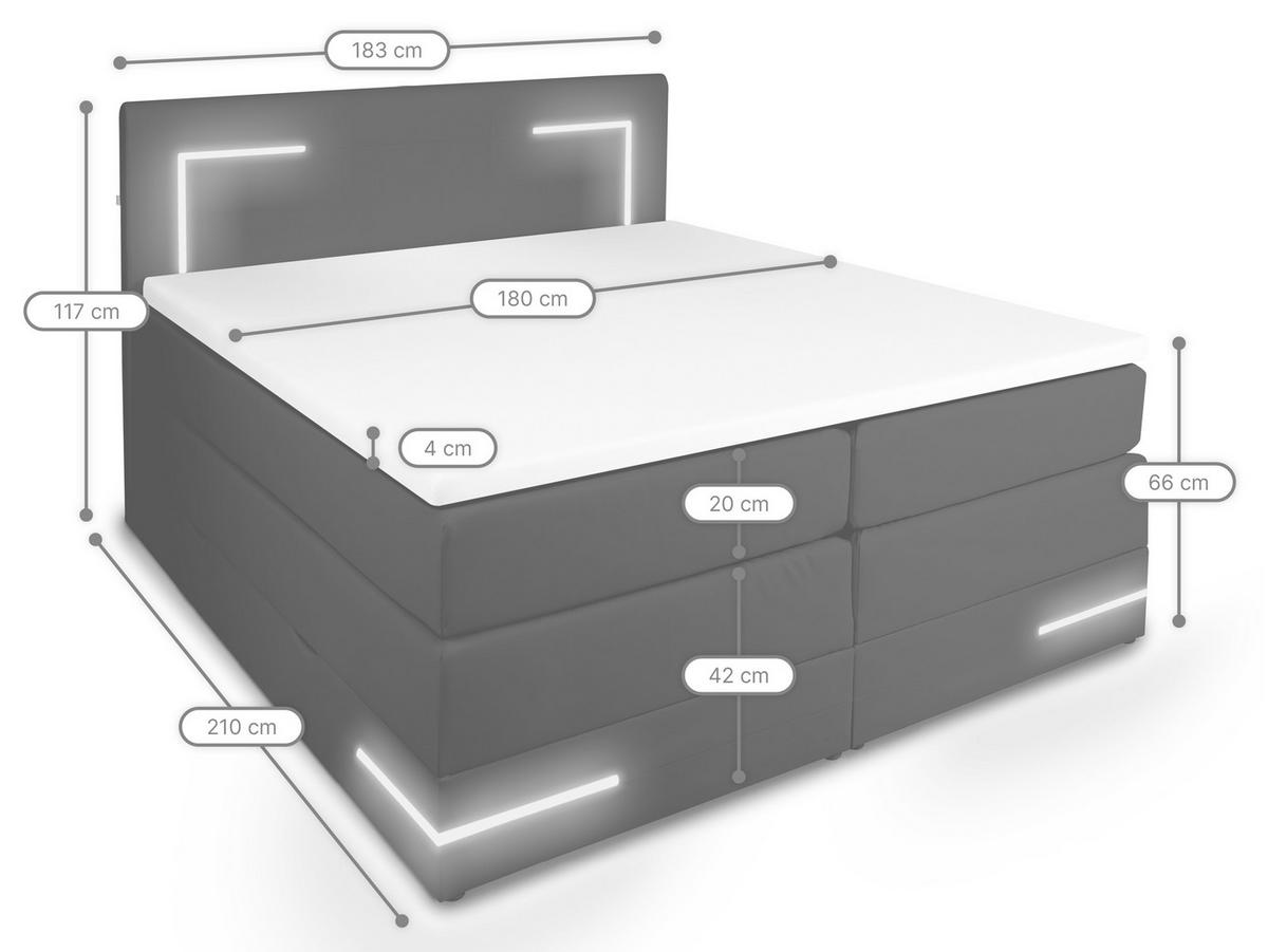 BOXSPRINGBETT Lights 2.0 Schwarz 180/200 cm H3/H4 Kunstleder - Schwarz, Textil (180/200cm) - wonello