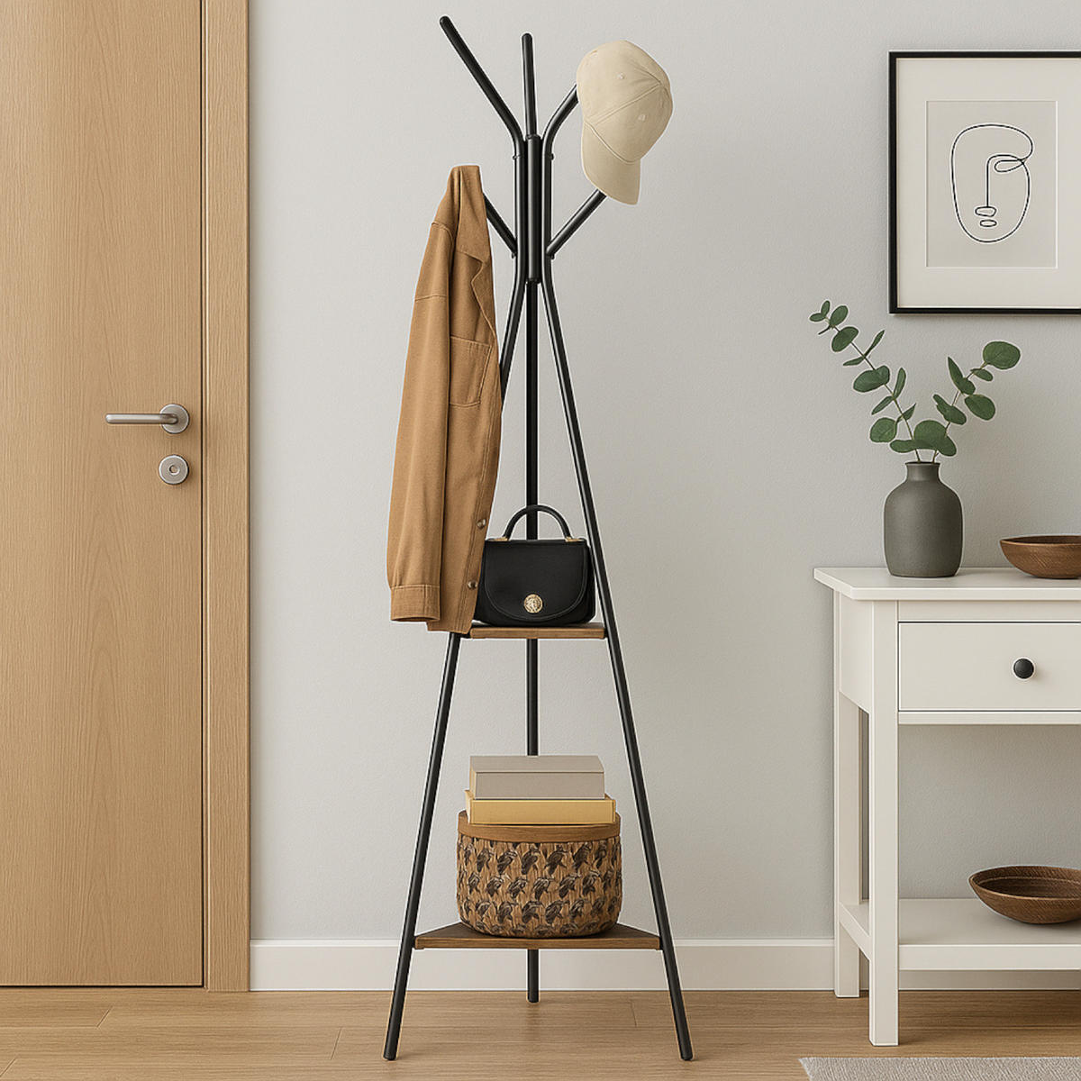 KLEIDERSTÄNDER Holzoptik Metall Dunkelbraun Schwarz mit Ablagen 179 × 49,5 cm - Dunkelbraun/Schwarz, Holzwerkstoff/Metall (49/179/49cm) - Begryf