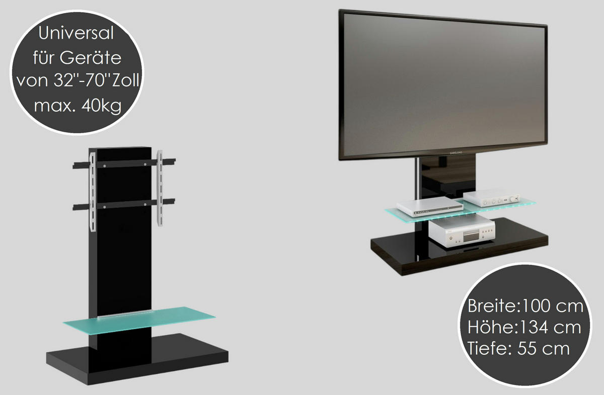 TV RACK rechteckig Grau Hochglanz Glas 100/134/55 cm - Grau, Holzwerkstoff (100/134/55cm)