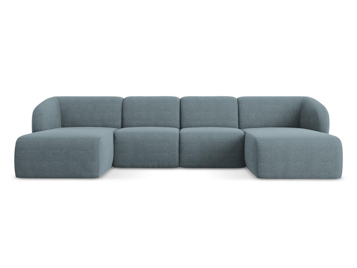 WOHNLANDSCHAFT Bouclé Stoff Blau - Blaugrau/Schwarz, Holzwerkstoff/Kunststoff (370/74/170cm) - Makamii