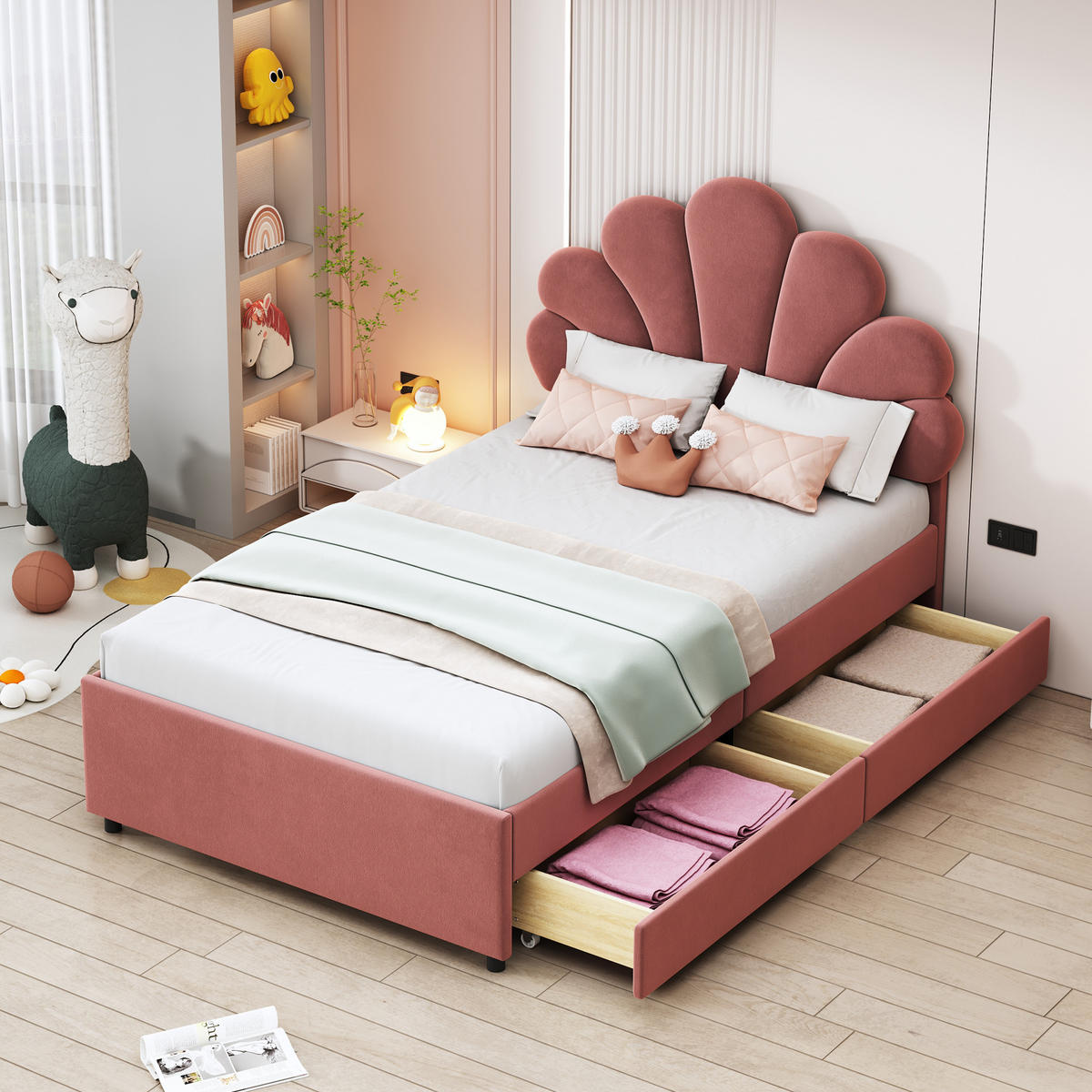 POLSTERBETT 90/200 cm Bohnenrot aus Samt mit 2 Schubladen - Dunkelrosa, Textil (90/200cm) - OKWISH