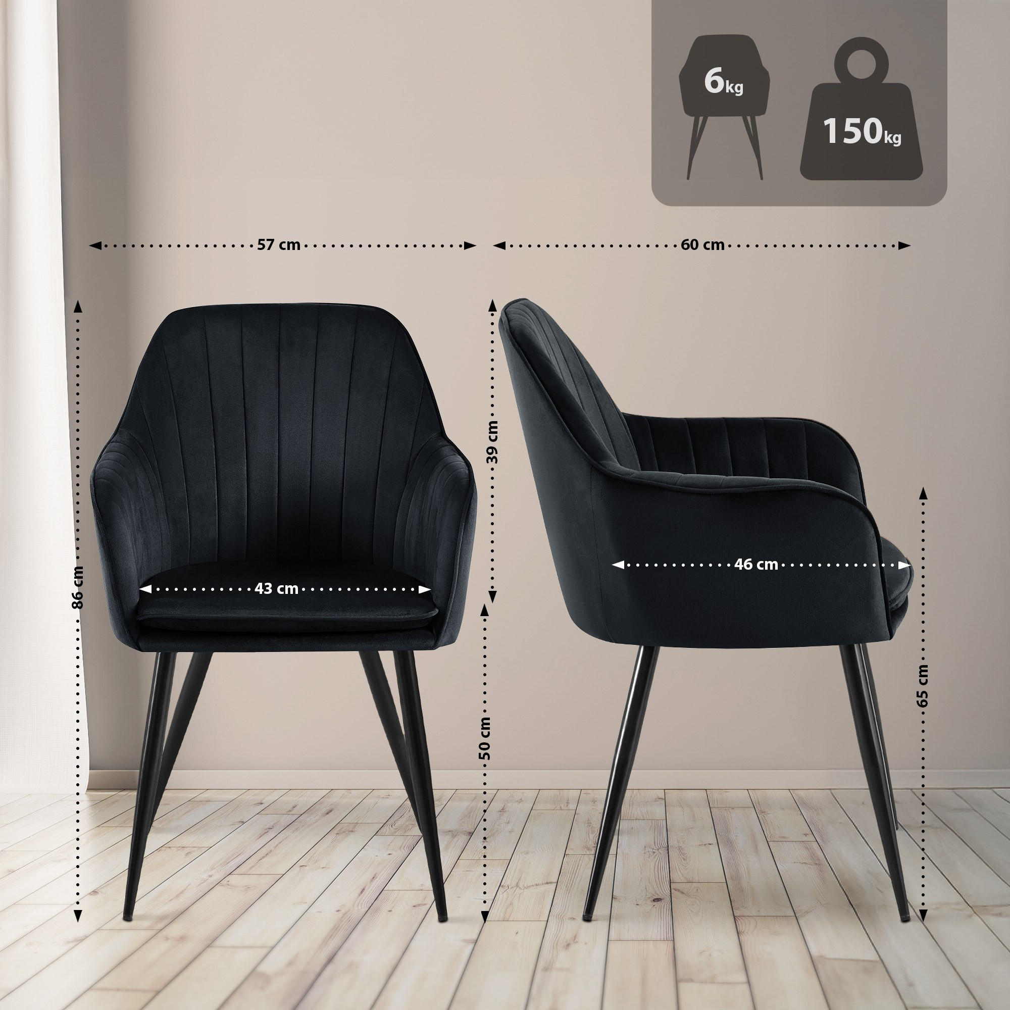 ARMLEHNENSTUHL Samt Schwarz - Schwarz, Textil/Metall (60/57/86cm) - CLP