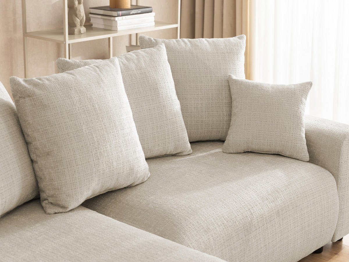 ECKSOFA Calma mit Schlaffunktion und Bettkasten im Bumpy-Design aus weichem Beige Chenille-Stoff - Ottomane links - Beige/Schwarz, Holz/Kunststoff (140/239cm) - S-Style Möbel