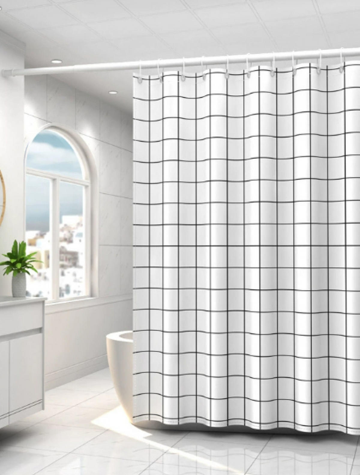 DUSCHVORHANG Polyester 180 x 200 cm schnelltrocknend beschwerter Saum waschbar mit Haken - Weiß, Textil (200/180cm) - MCBOSON