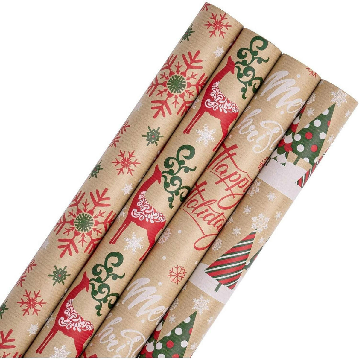 GESCHENKPAPIER 4 Rollen Kraftpapier Weihnachten 43,2 cm x 3 m - Multicolor, Papier (4/44/15cm)