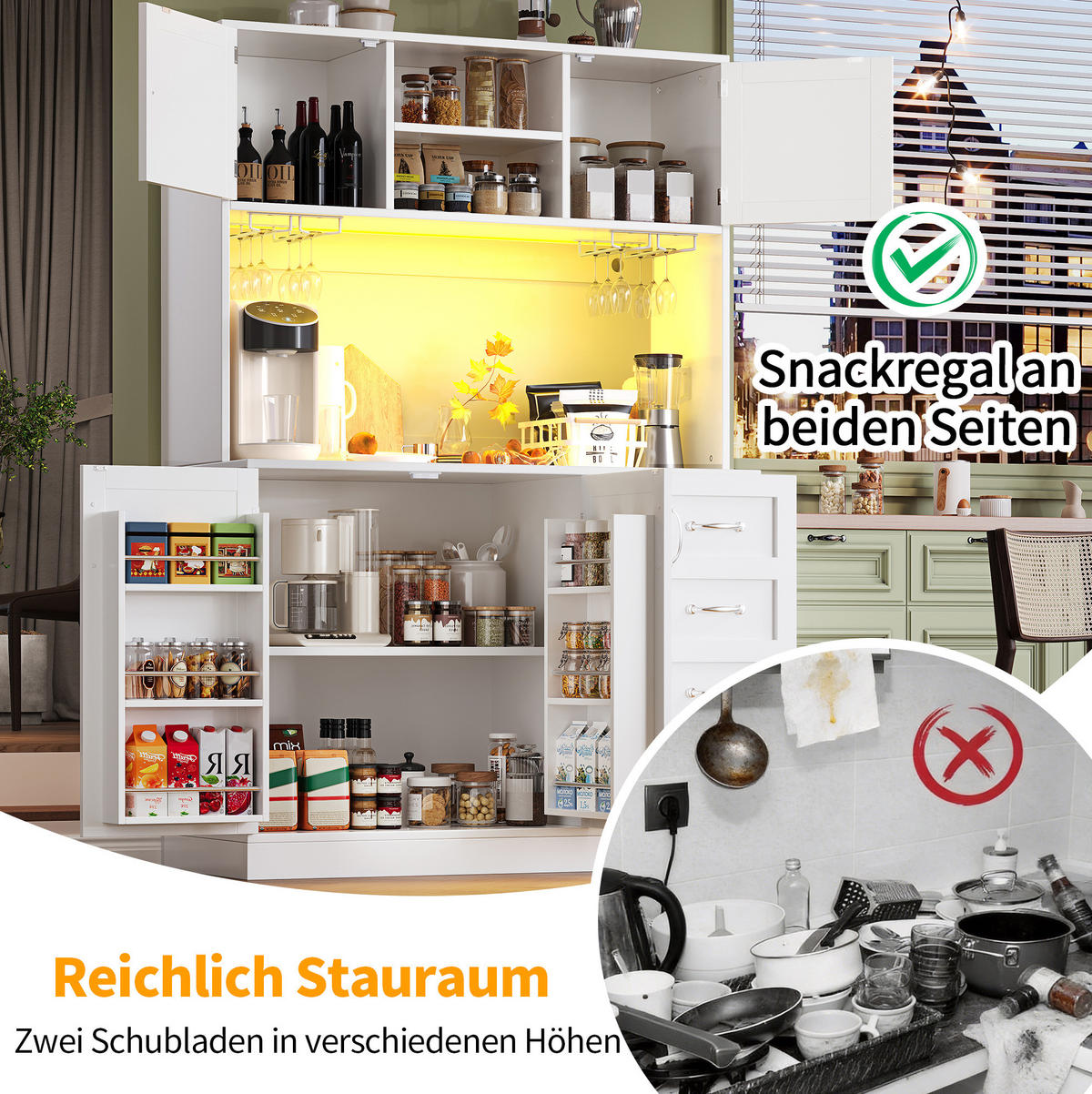 BUFFET 120/40/188 cm aus MDF mit LED-Beleuchtung Weiß - Weiß, Holzwerkstoff (120/188/40cm) - Modenvie