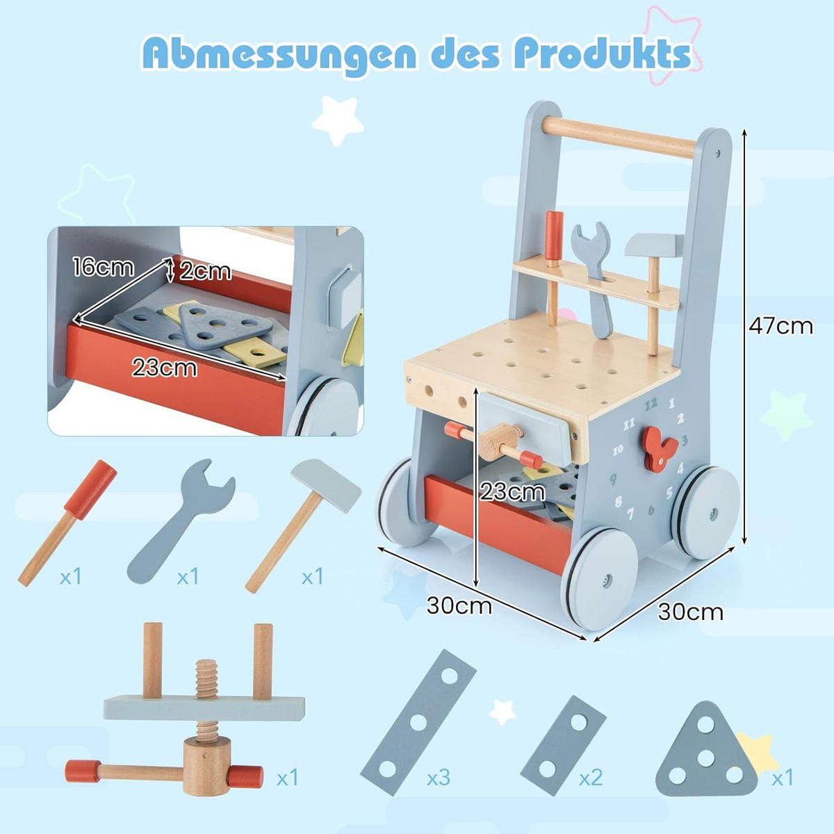 LAUFLERNWAGEN Blau - Blau, Holzwerkstoff (30/47/30cm) - COSTWAY