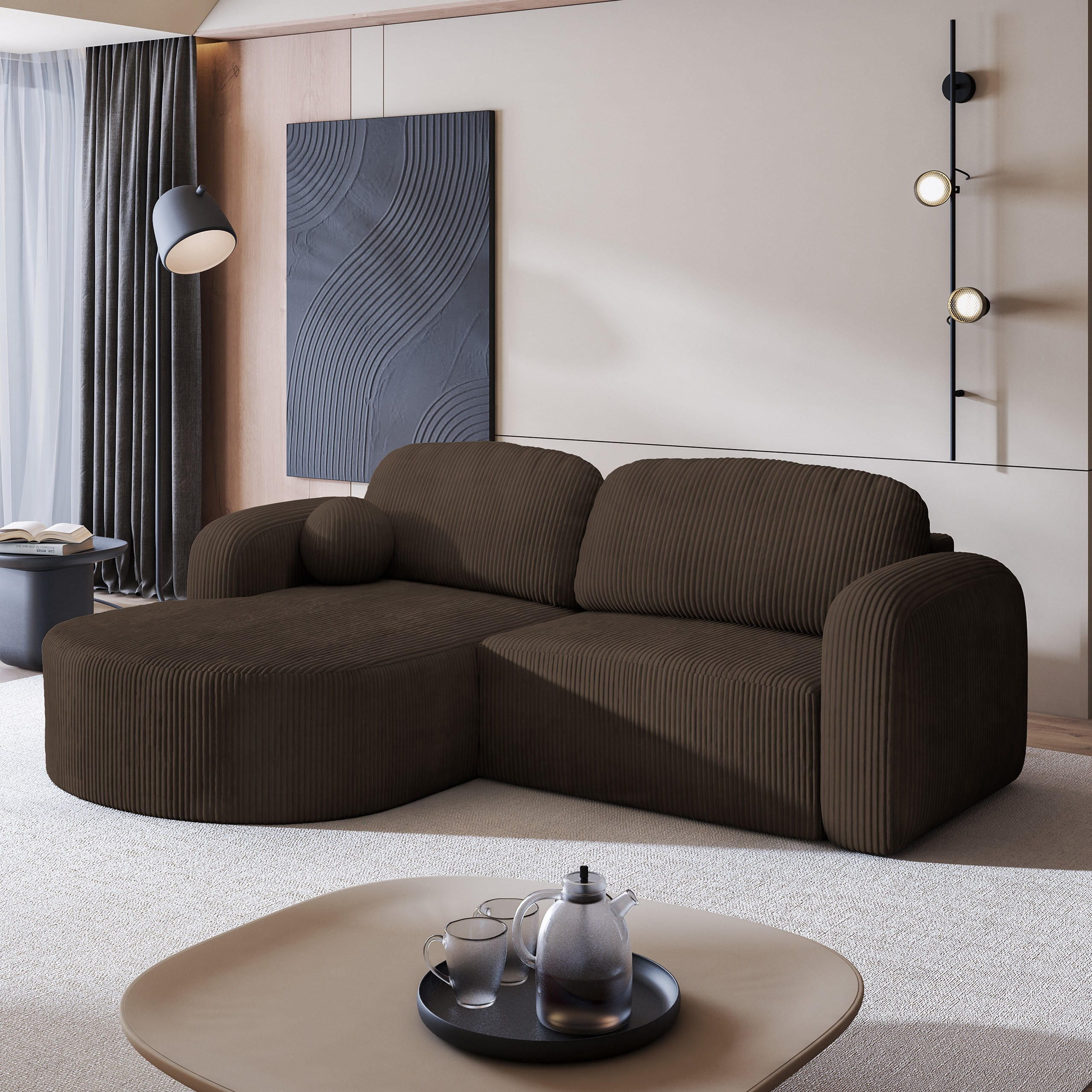 ECKSOFA AMILIA P L-S Braun Kordstoff mit Schlaffunktion - Braun, Holz (263/174cm) - MASSENO