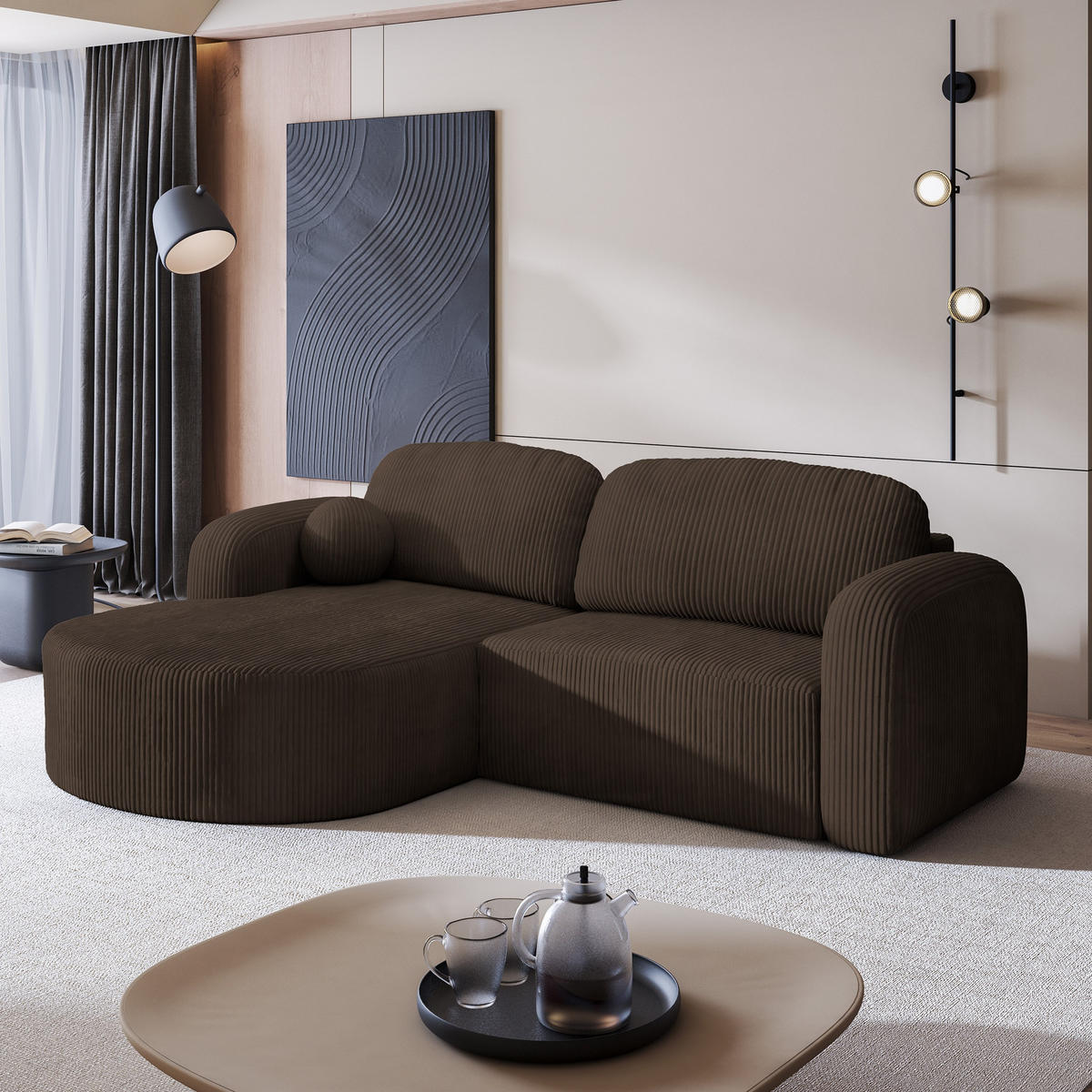 ECKSOFA AMILIA P L-S Braun Kordstoff mit Schlaffunktion - Braun, Holz (263/174cm) - MASSENO