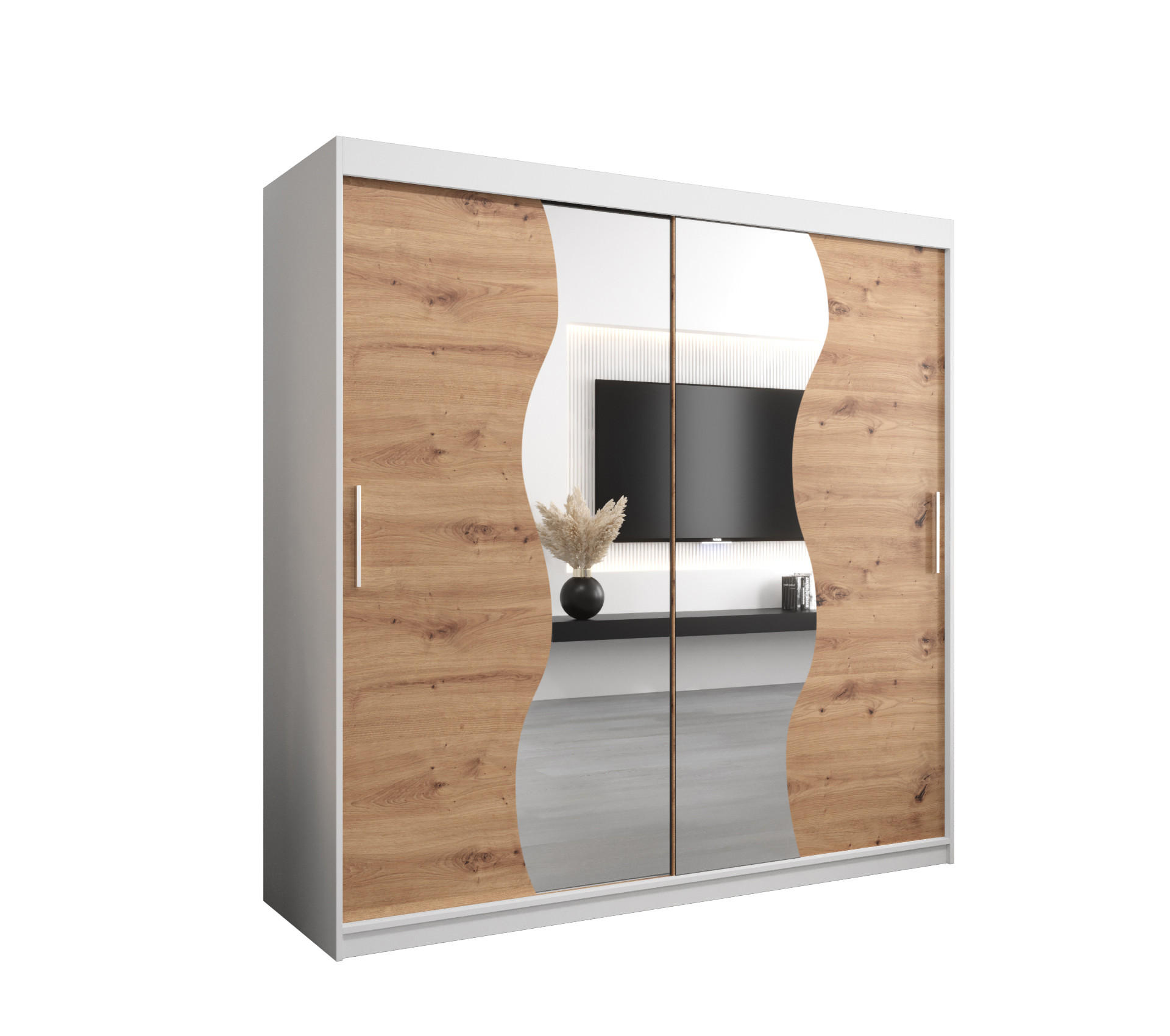Möbel Kryspol Schwebetürenschrank Weiß, Eiche Artisan 200x200x62 cm