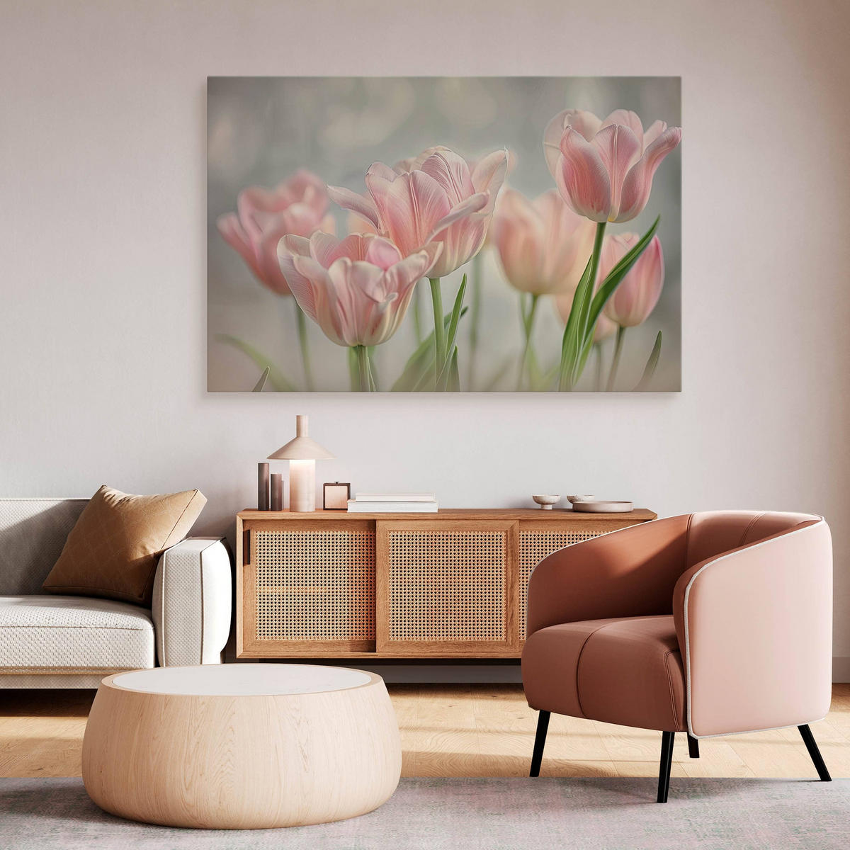 LEINWANDBILD für Wohnzimmer Blumen Tulpen Blätter Natur 120cm x 80cm - Weiß/Rosa, Textil (120/80cm) - Muralo