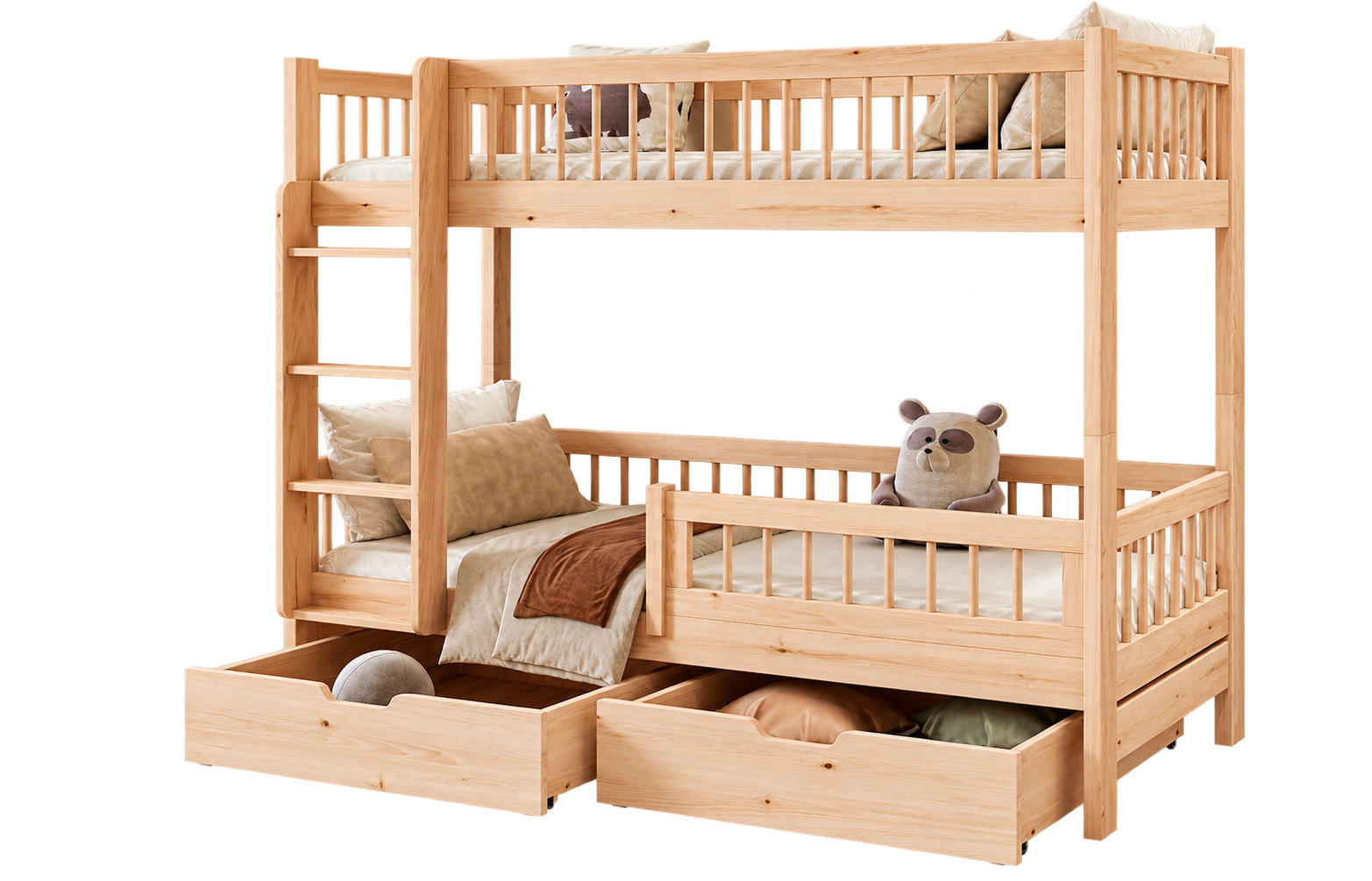 ETAGENBETT COEN 90x200 cm Farbe Kiefer – Kinderbett aus Holz für 2 Personen mit 2 Schubladen, Rausfallschutz und Leiter – Stockbett Jugendbett - Braun, Holz (90/200cm)