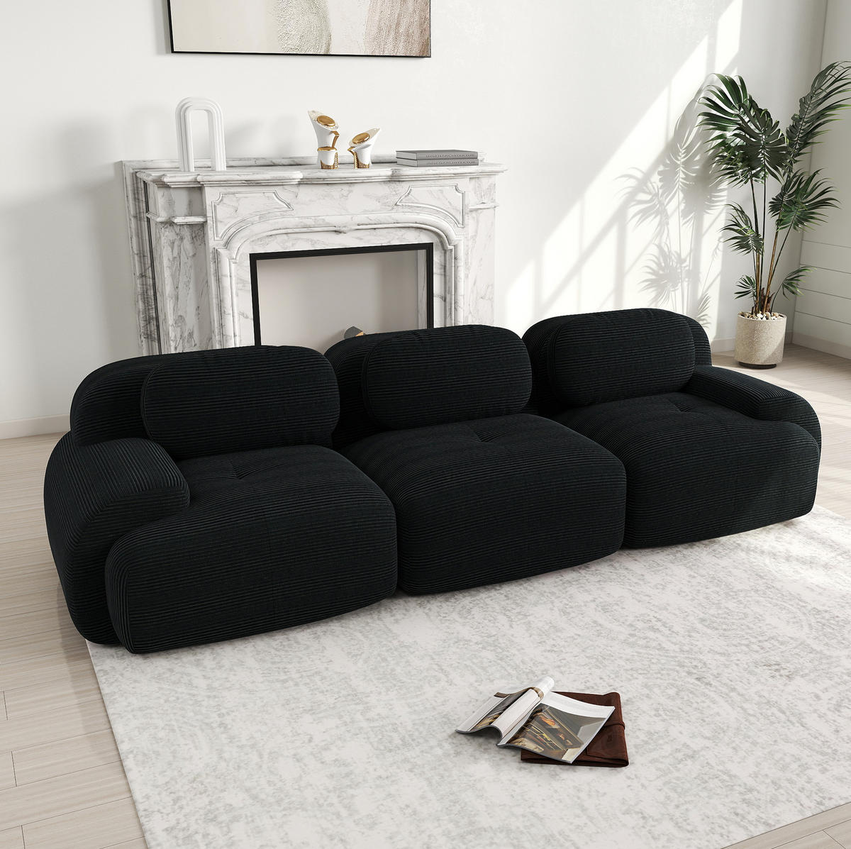 SOFA modulares Ecksofa rahmenlos Cord Black - Schwarz, Textil (298/75/103cm) - IVMEU