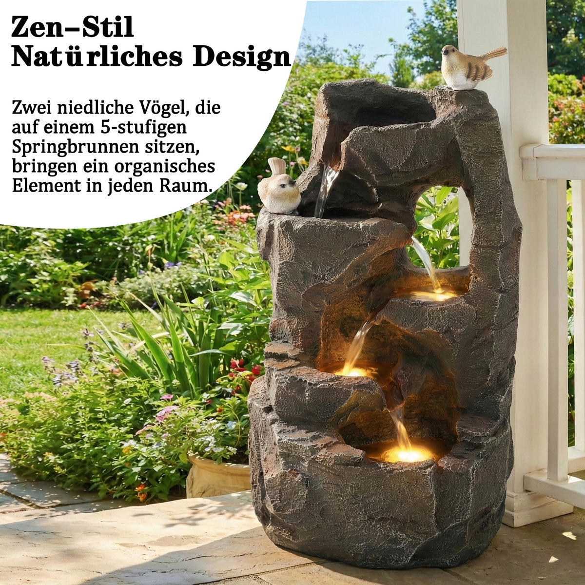 GARTENBRUNNEN LED Steingrau 47cm Zen Außen Terrasse Balkon - Grau, Naturmaterialien (25.5/19/47cm) - FLIEKS