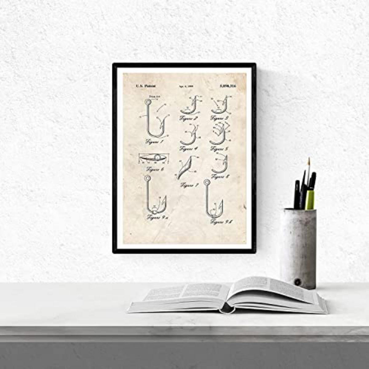 POSTER Set mit 4 Angelrute Patent A4 Schwarzer Rahmen - Schwarz, Papier (29.7/3cm) - Nacnic