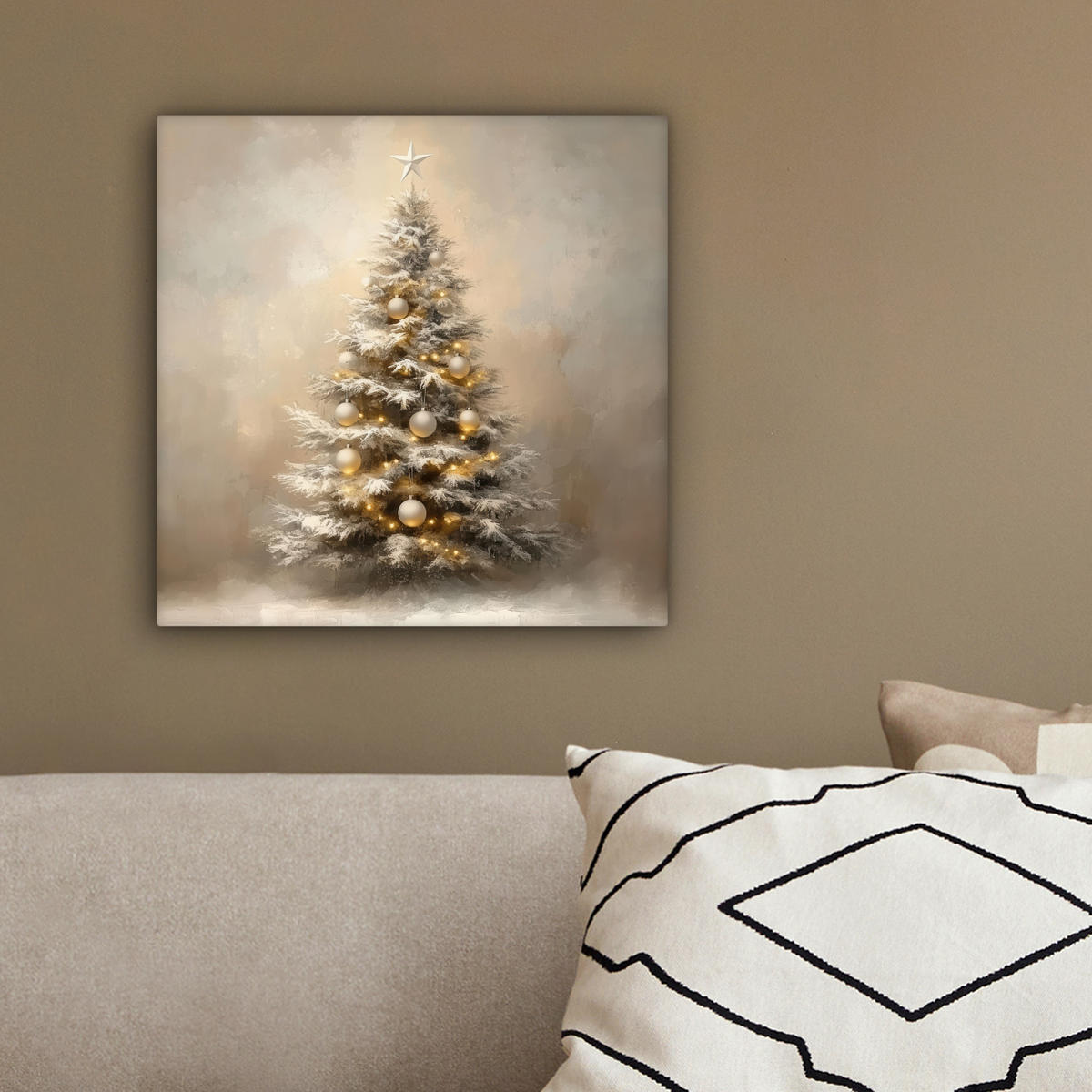 LEINWANDBILD Weihnachten - Weihnachtsbaum - Schnee - Kunst 20x20 cm - Champagner, Textil (20/20cm) - MuchoWow