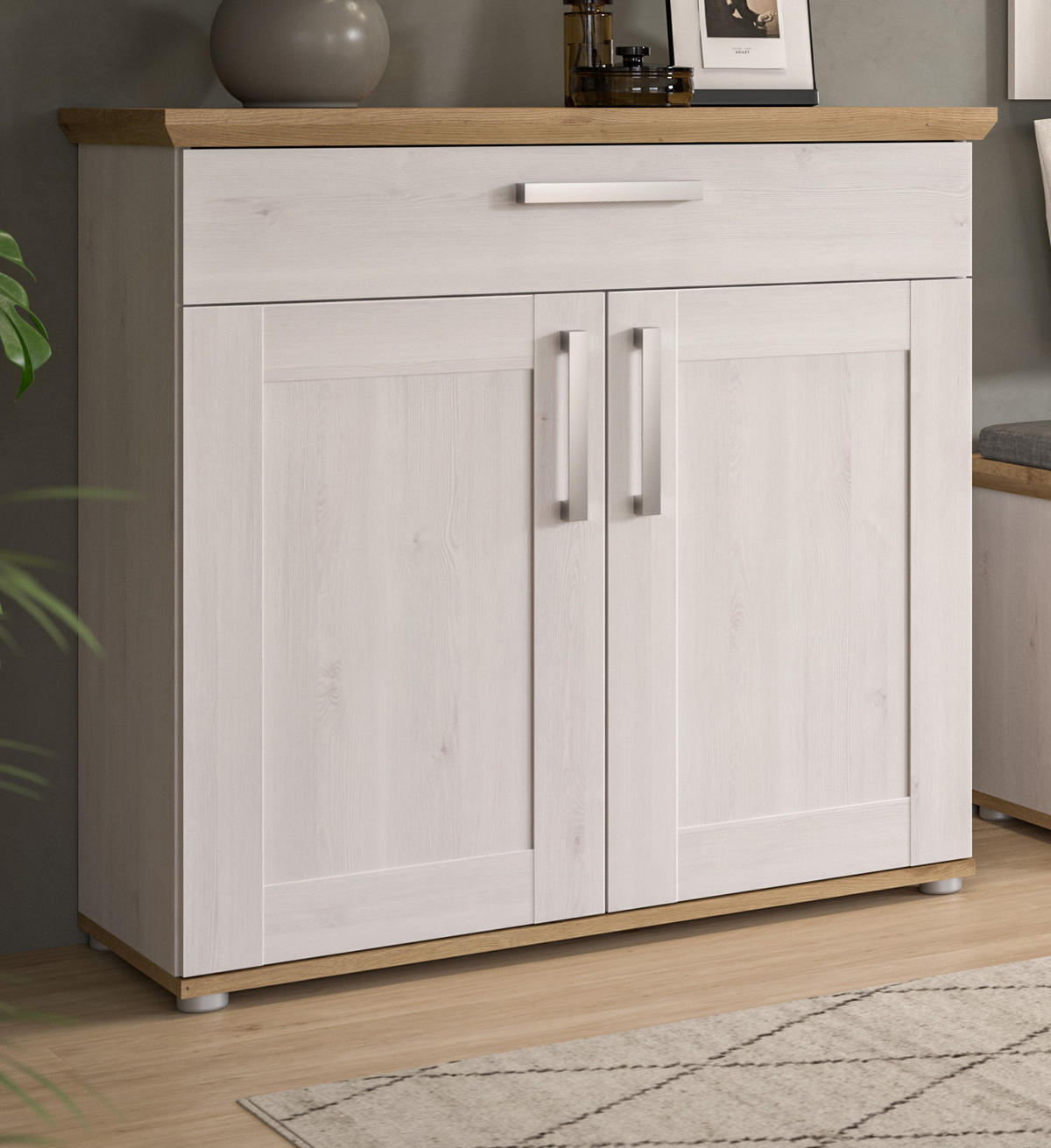 SCHUHSCHRANK weiß Lärche 95 cm, Schuhkommode im Landhaus-Stil - Silberfarben/Weiß, Holzwerkstoff/Kunststoff (95/92/39cm) - Inn.Furn