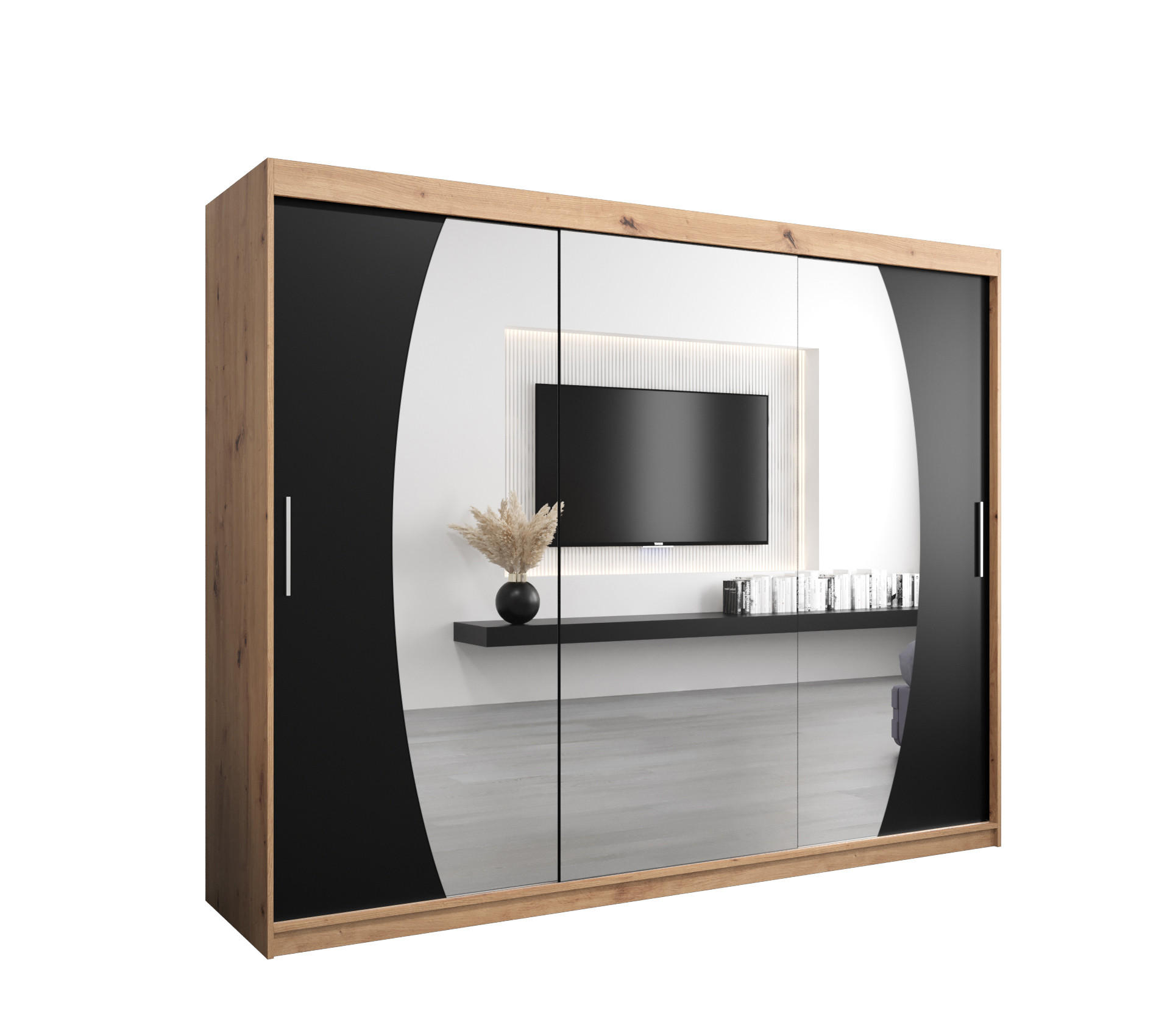 Abiks Möbel Schwebetürenschrank Eiche Artisan, Schwarz 250x200x62 cm