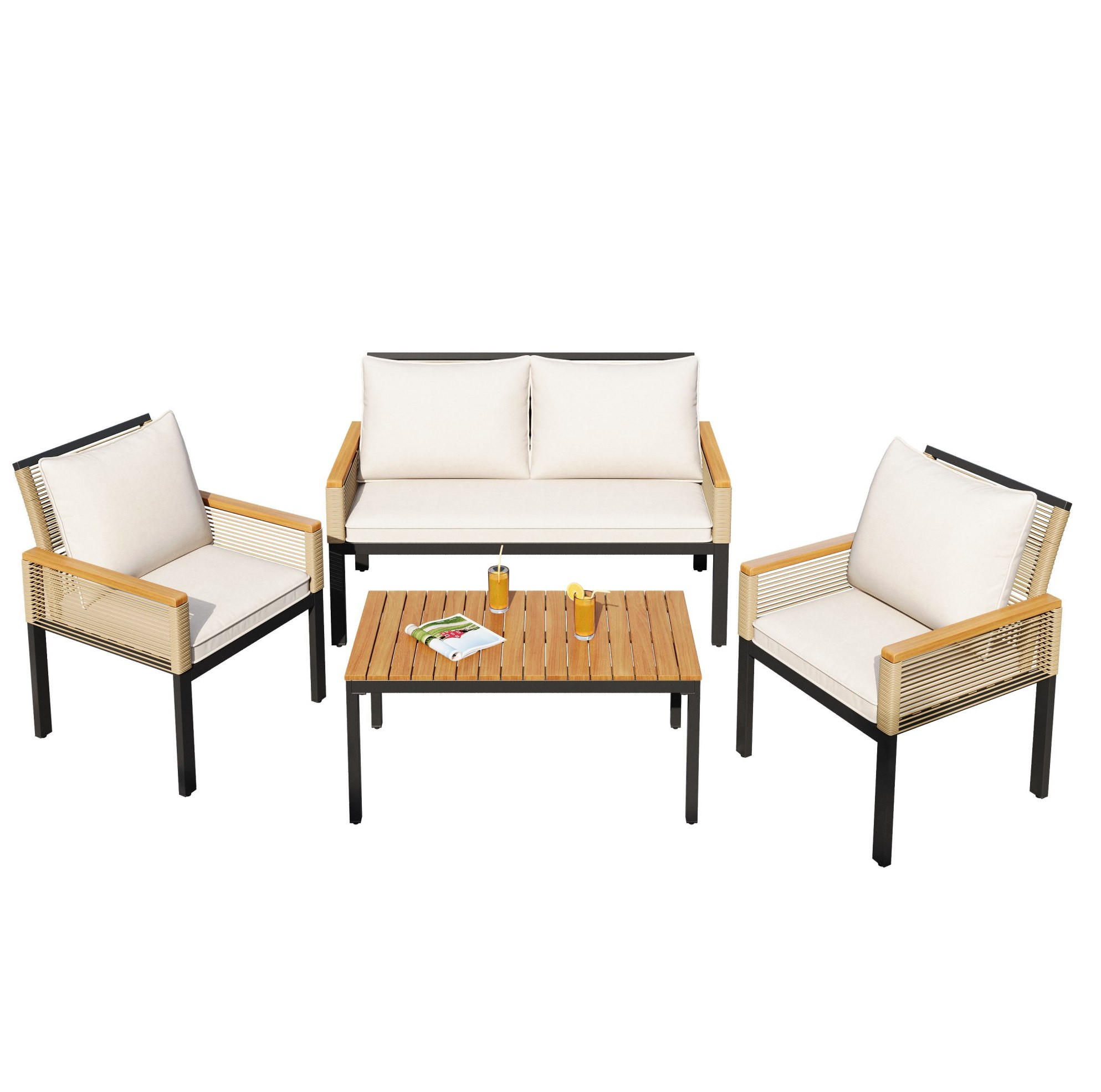 GARTENLOUNGE 109/67/75 cm beige aus PE-Rattan und Stahl mit Akazien Holzwerkstoff - Beige, Metall - OKWISH