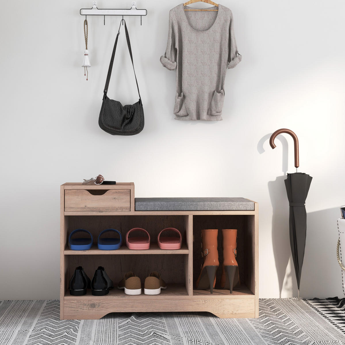 SCHUHBANK Grau 76,5/30/52 cm mit Schublade und Sitzkissen - Grau, Holzwerkstoff (76.5/52/30cm) - PANGIVO